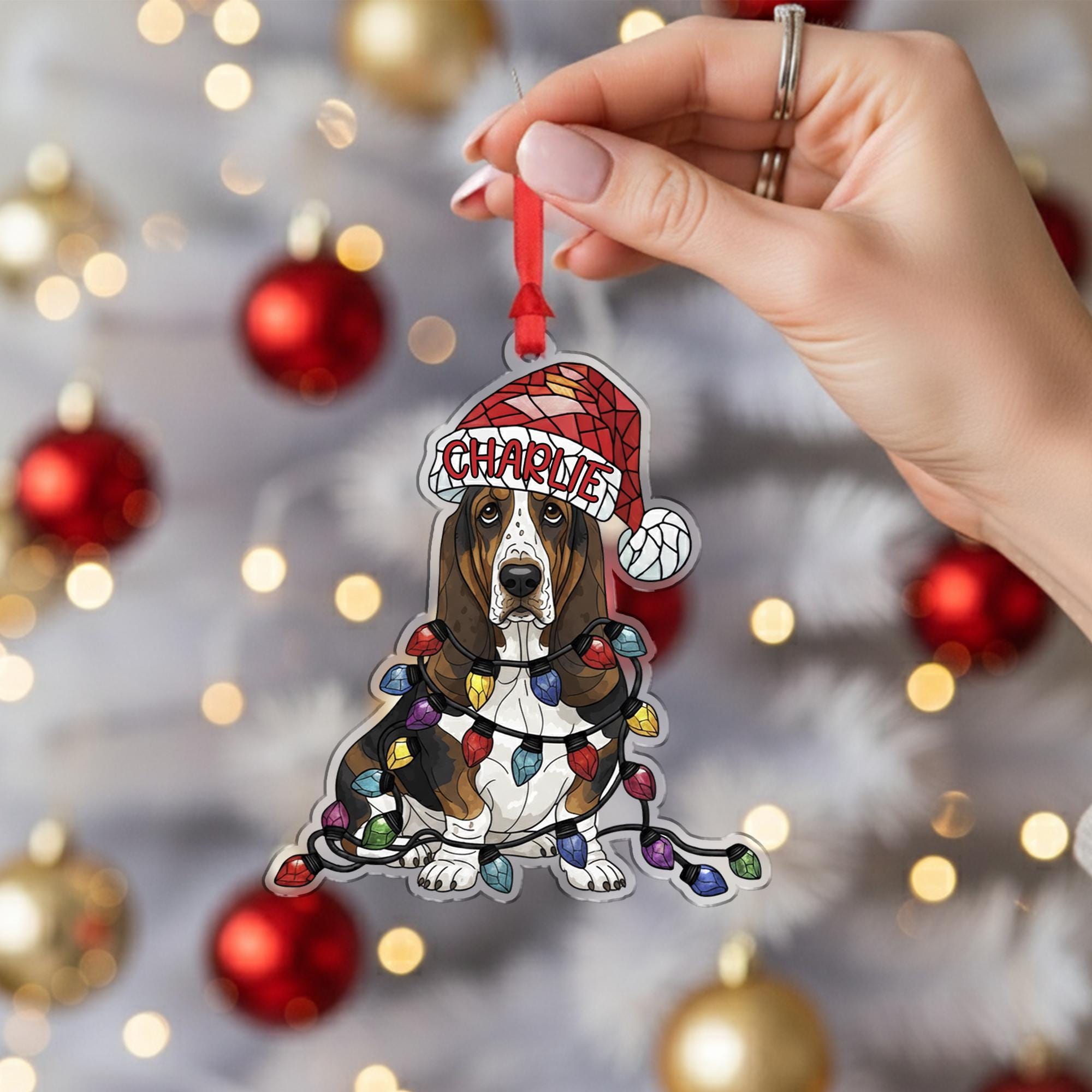 Basset Hound Ornament – Personalized Dog Christmas Decoration with Santa Hat & Lights
