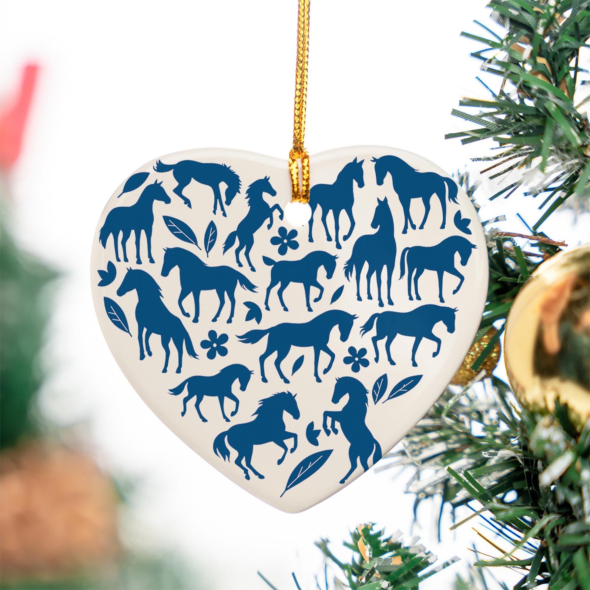 Chinoiseries Blue Horse Ceramic Ornament: Equestrian Heart Christmas Decor
