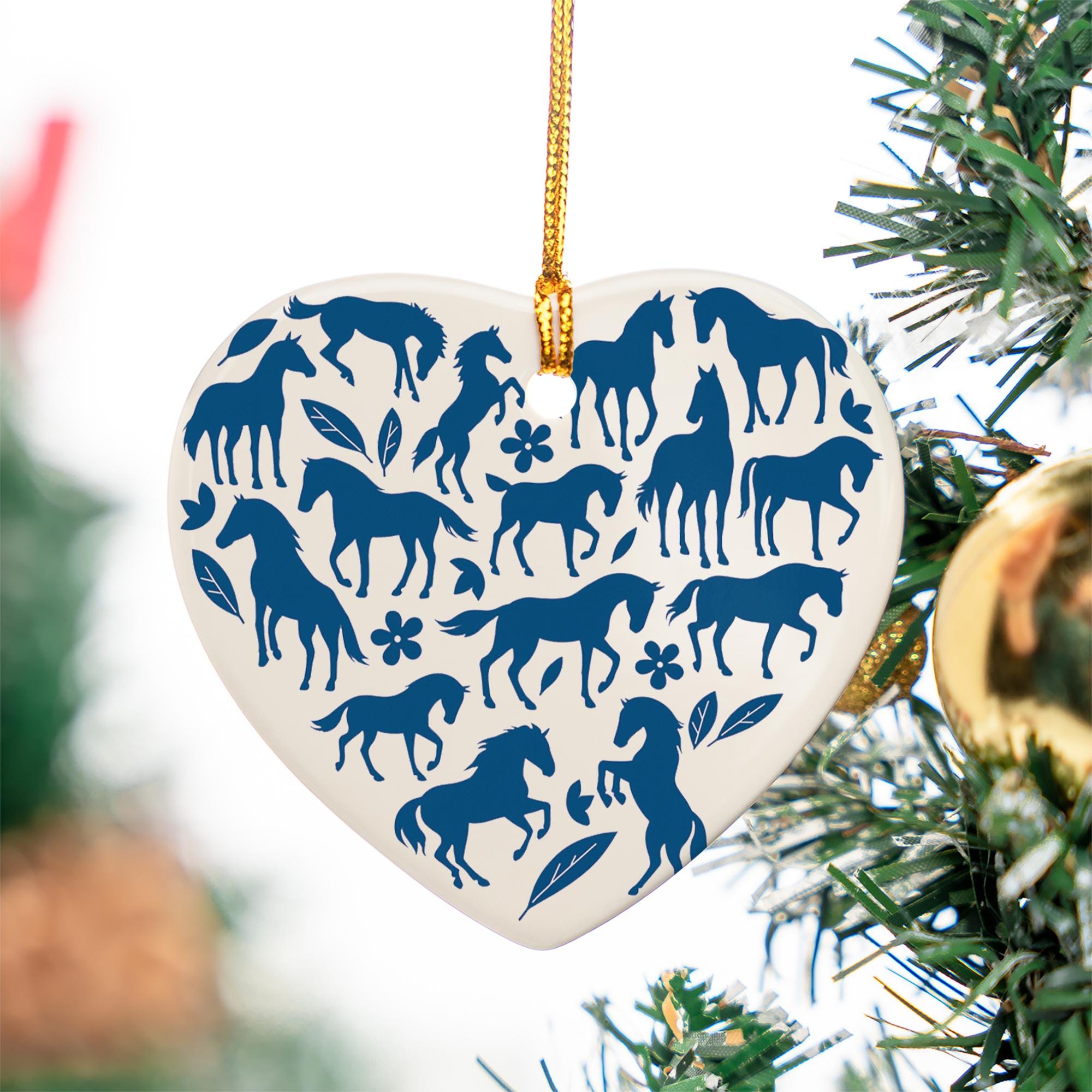 Chinoiseries Blue Horse Ceramic Ornament: Equestrian Heart Christmas Decor