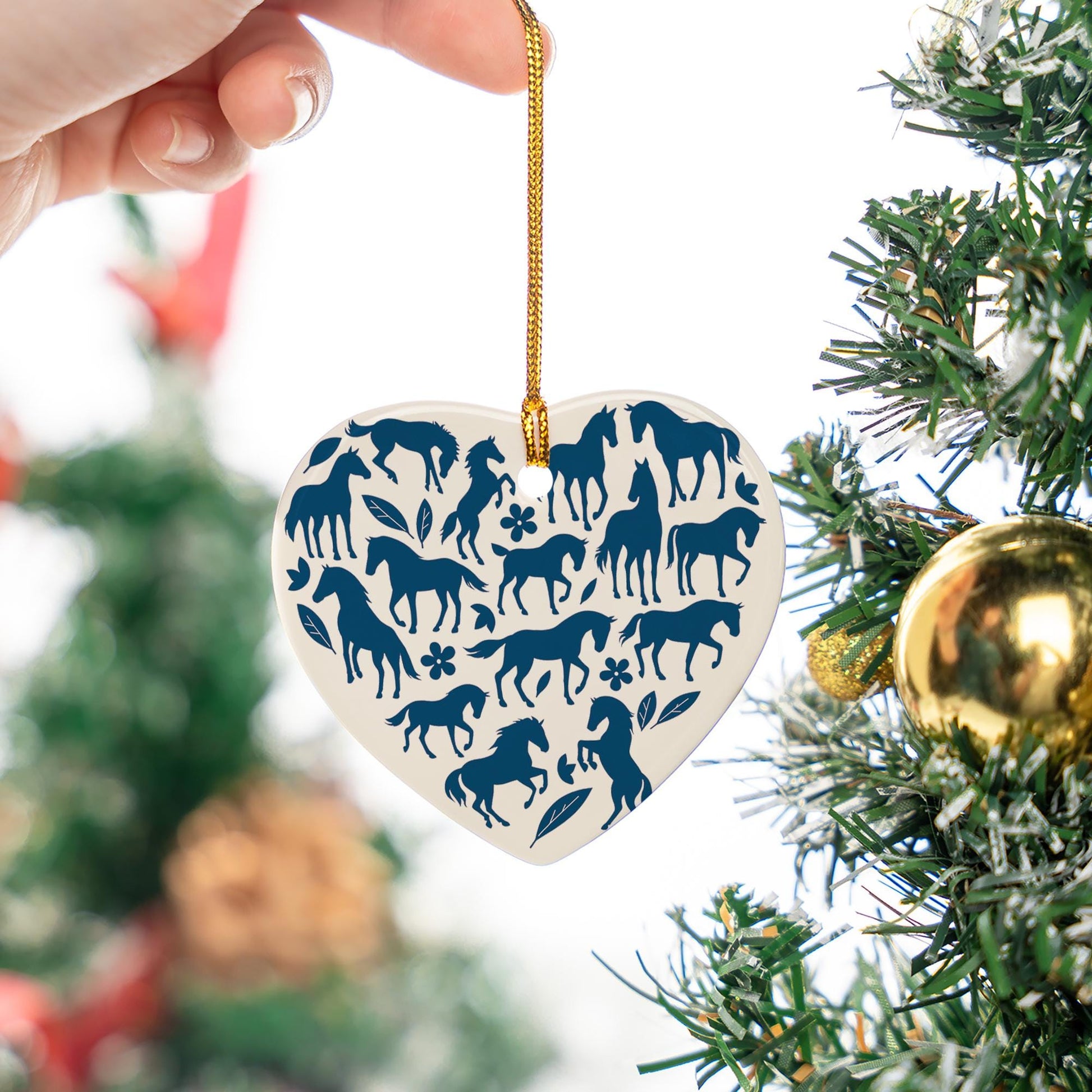 Chinoiseries Blue Horse Ceramic Ornament: Equestrian Heart Christmas Decor