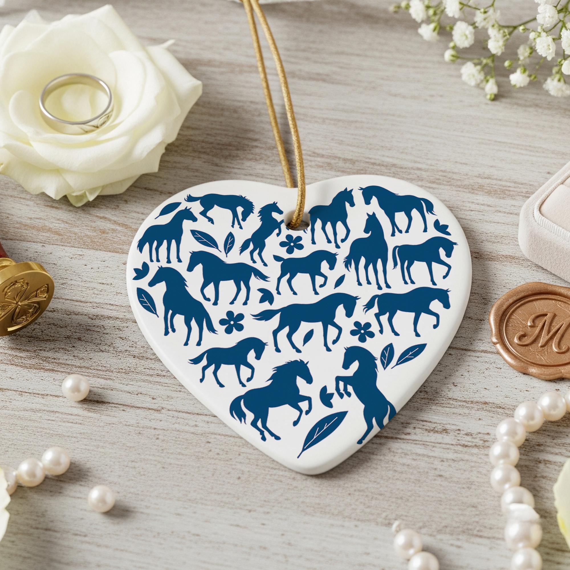 Chinoiseries Blue Horse Ceramic Ornament: Equestrian Heart Christmas Decor