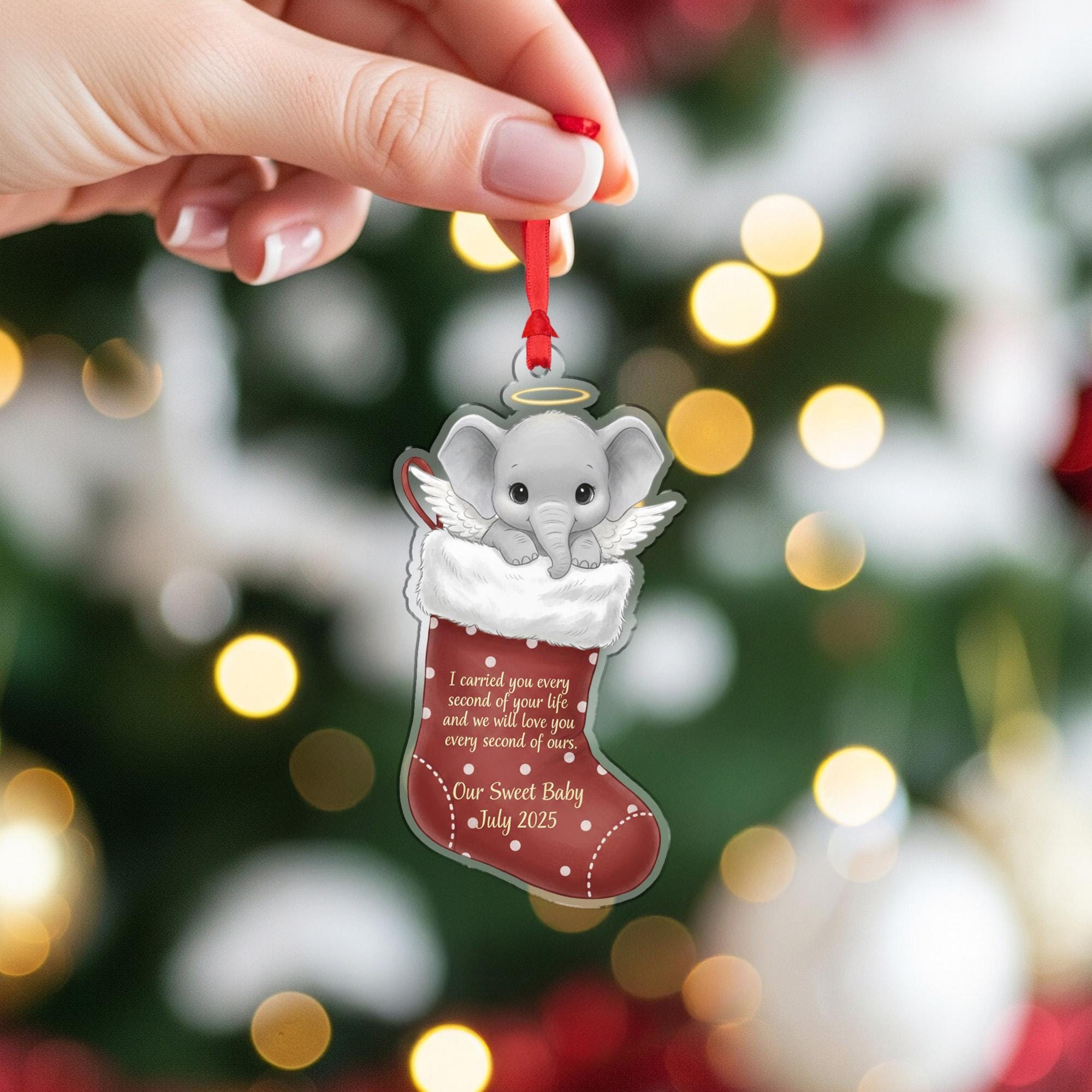 Personalized Baby Memorial Ornament Elephant Angel in Christmas Stocking, Infant Loss Keepsake