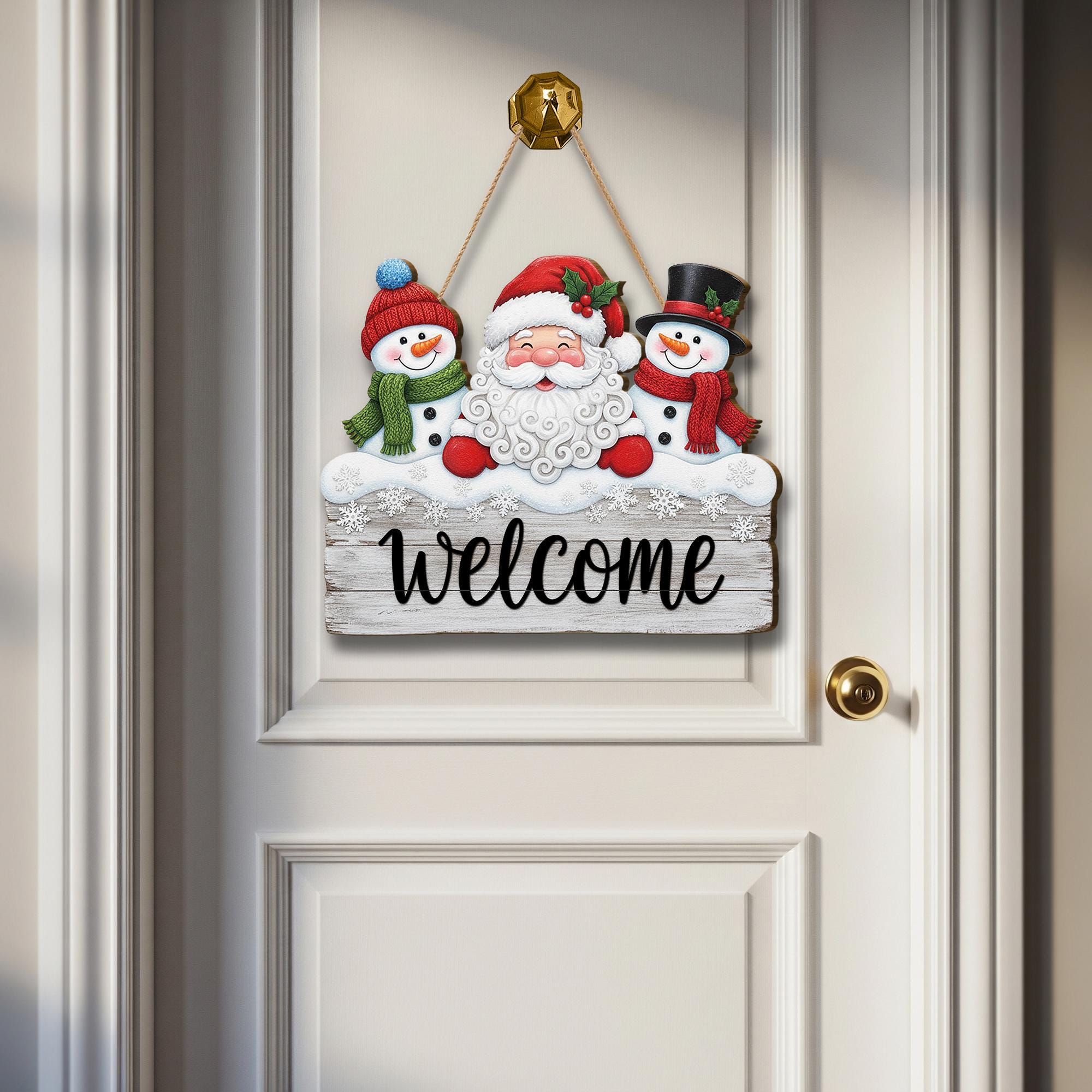 Christmas Door Sign: Santa & Snowmen Welcome Hanging Sign