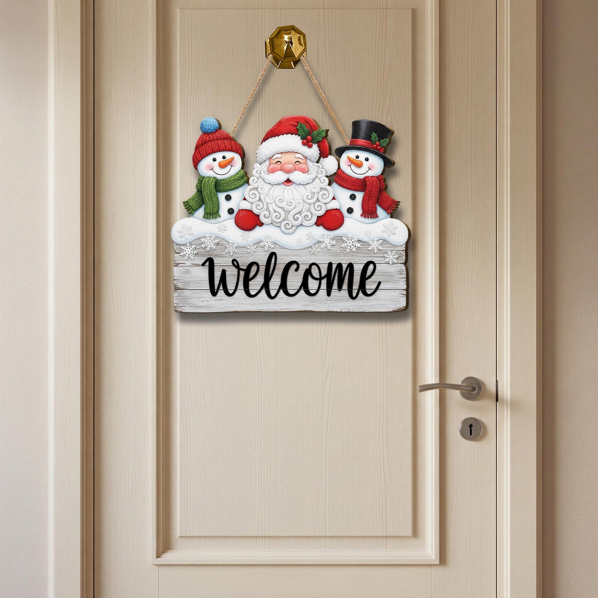 Christmas Door Sign: Santa & Snowmen Welcome Hanging Sign