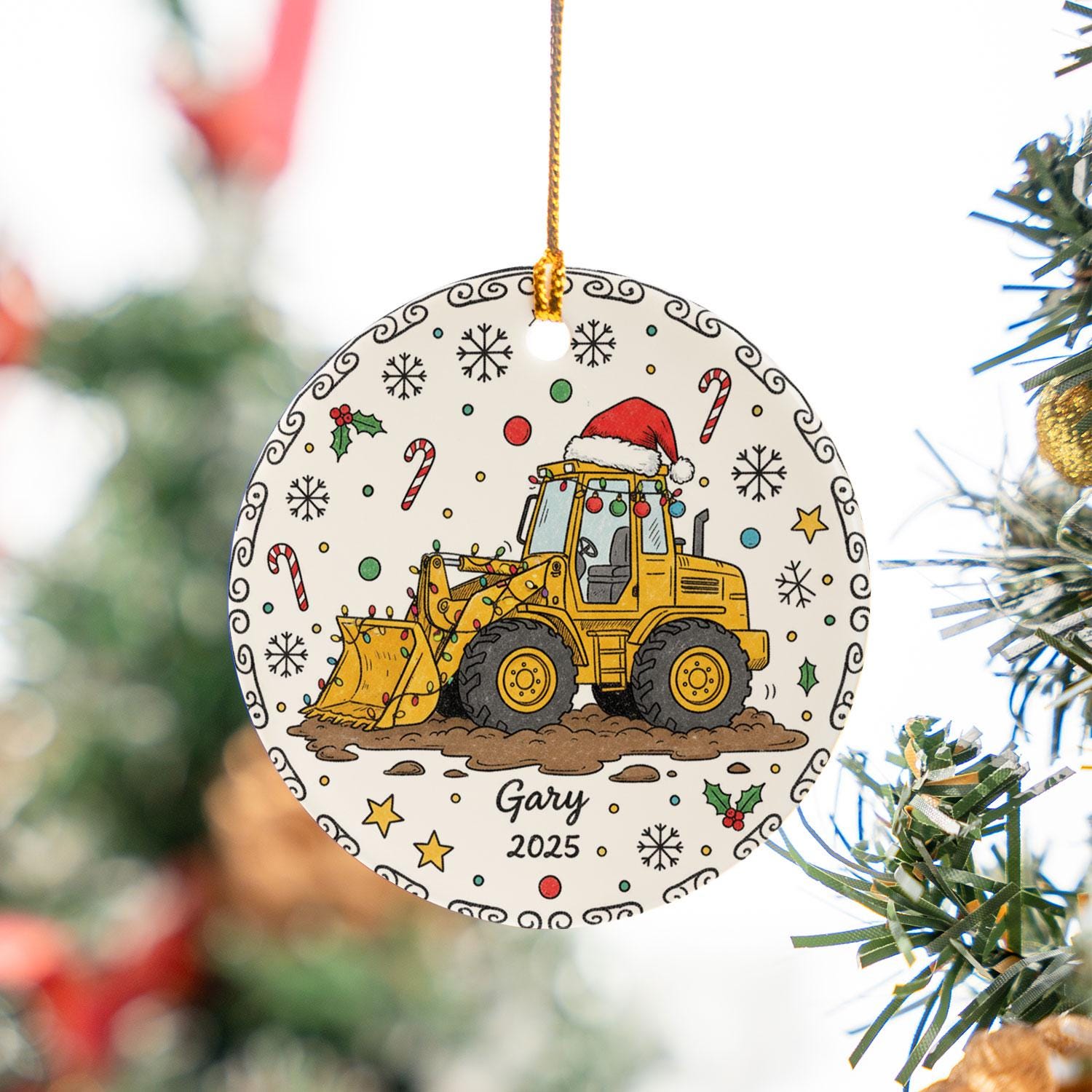 Excavator Ceramic Ornament, Round Construction Machine Illustration, Custom Name & Year, Christmas Tree Decor