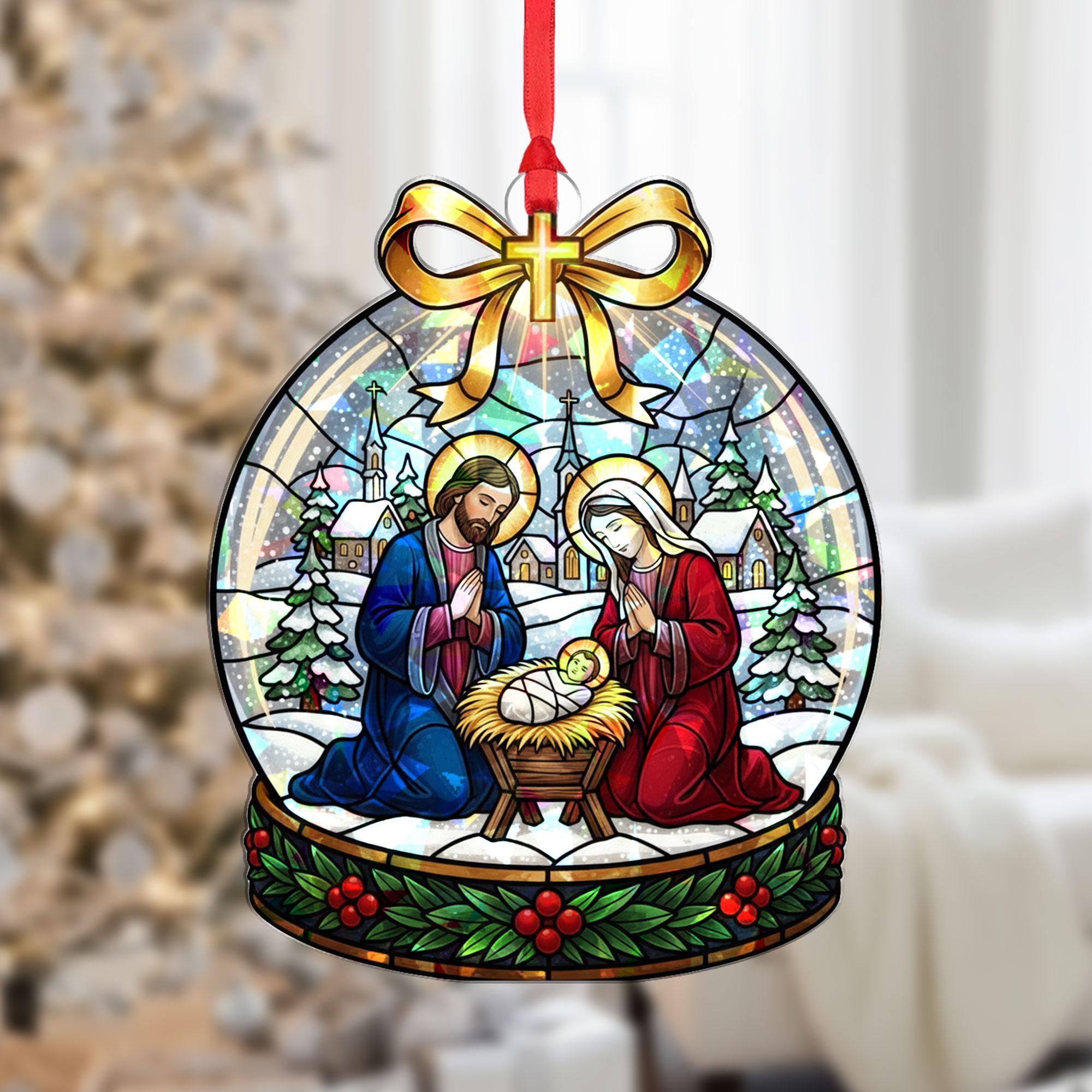 Nativity Acrylic Ornament, Holy Family Stained-Glass Style, Custom Shape, Personalized Name, Christmas Tree Decor