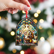 Nativity Acrylic Ornament, Bow Coquette Arch Shape, Stained-Glass Style, Personalized Name, Christian Christmas Decor