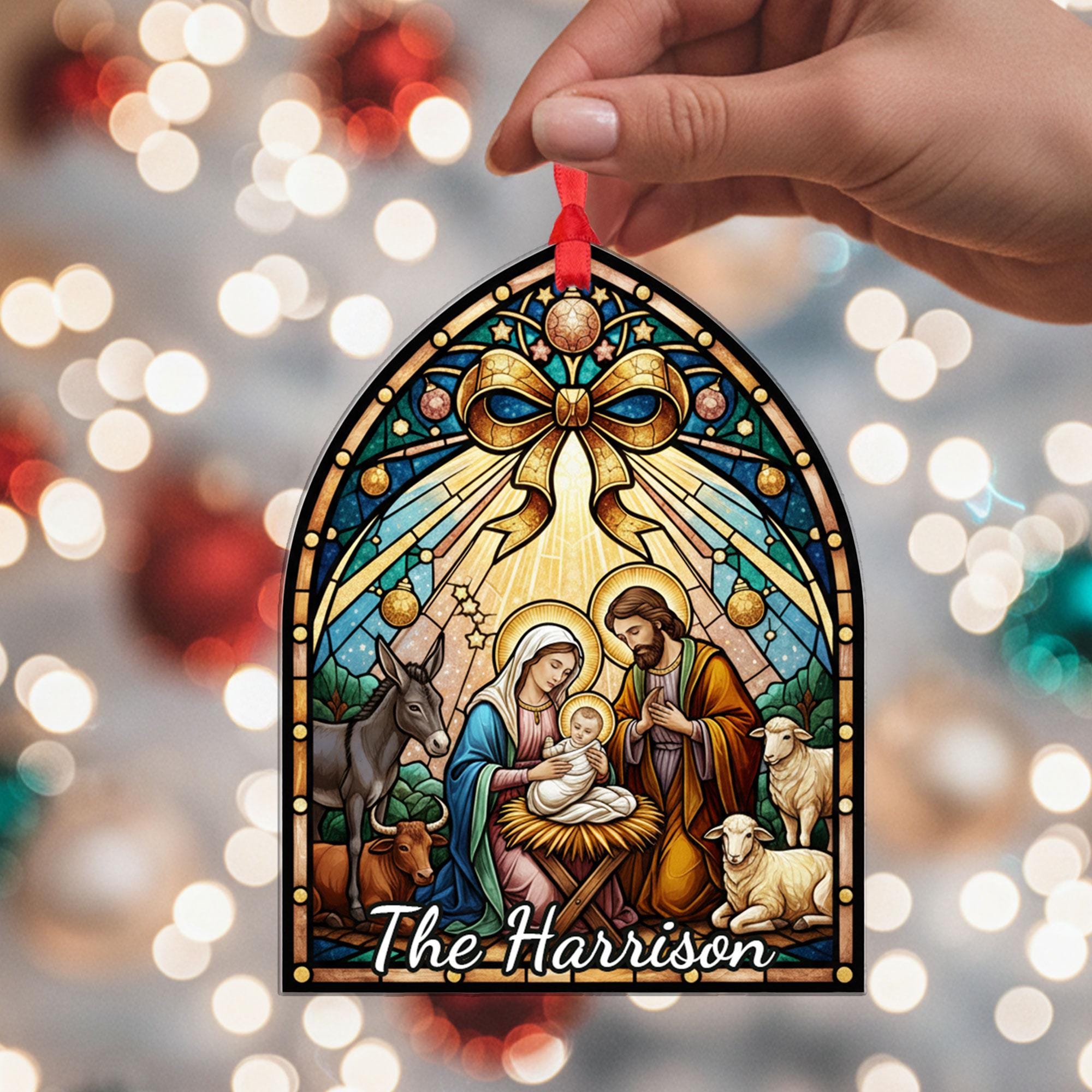 Nativity Acrylic Ornament, Bow Coquette Arch Shape, Stained-Glass Style, Personalized Name, Christian Christmas Decor