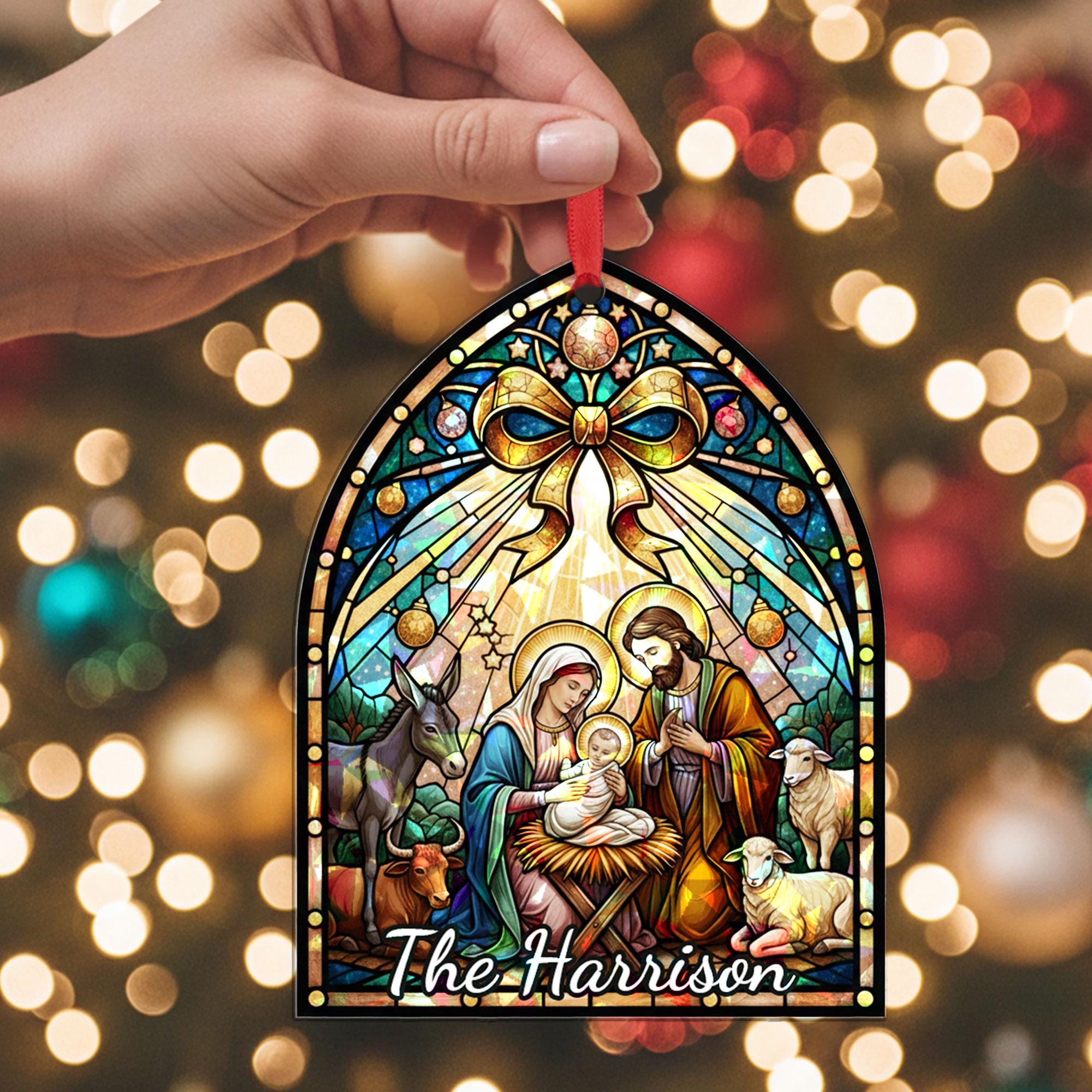 Nativity Acrylic Ornament, Bow Coquette Arch Shape, Stained-Glass Style, Personalized Name, Christian Christmas Decor