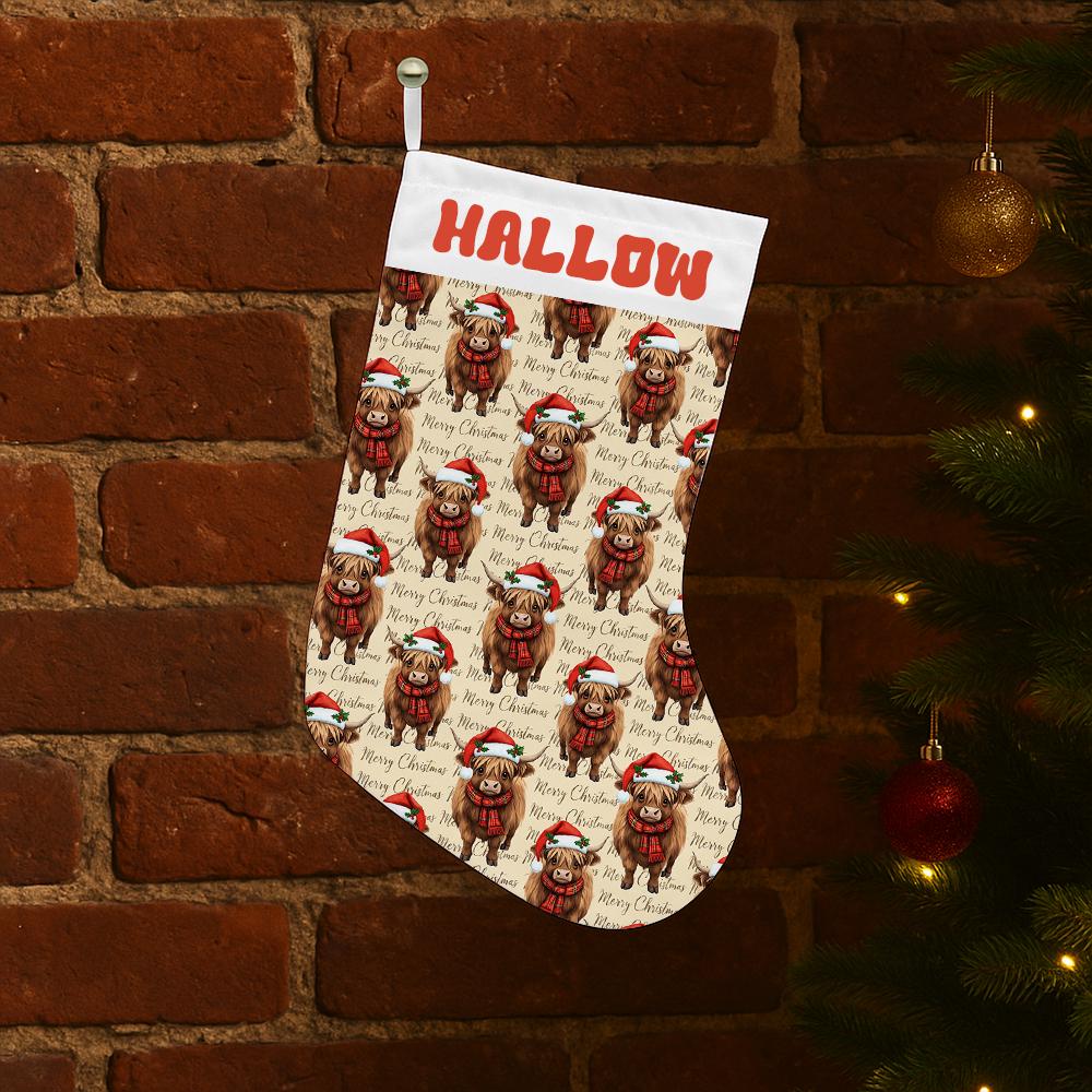 Highland Cow Christmas Stocking Custom Name Santa Hat Holiday Decoration