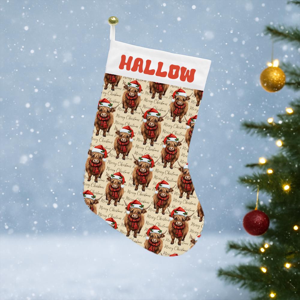 Highland Cow Christmas Stocking Custom Name Santa Hat Holiday Decoration