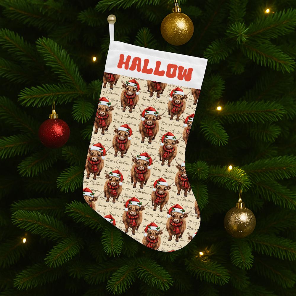 Highland Cow Christmas Stocking Custom Name Santa Hat Holiday Decoration