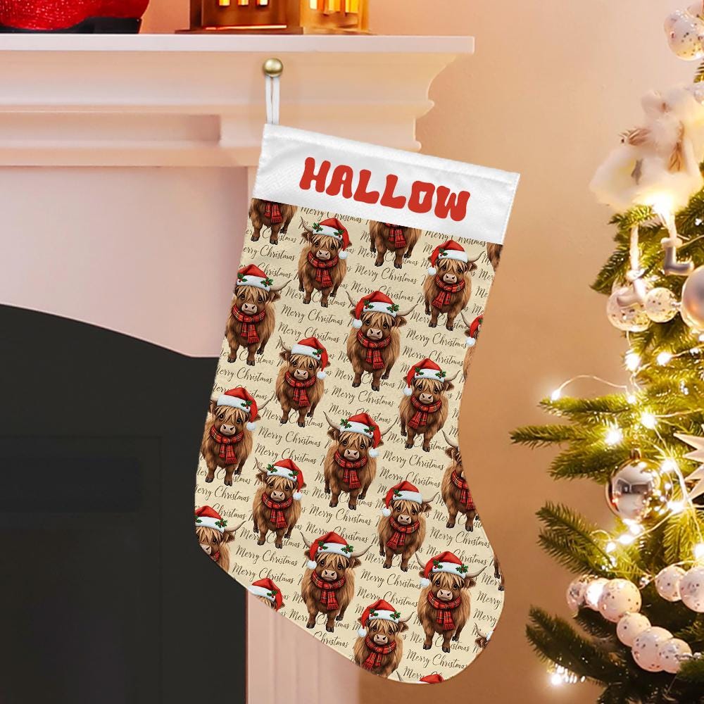 Highland Cow Christmas Stocking Custom Name Santa Hat Holiday Decoration