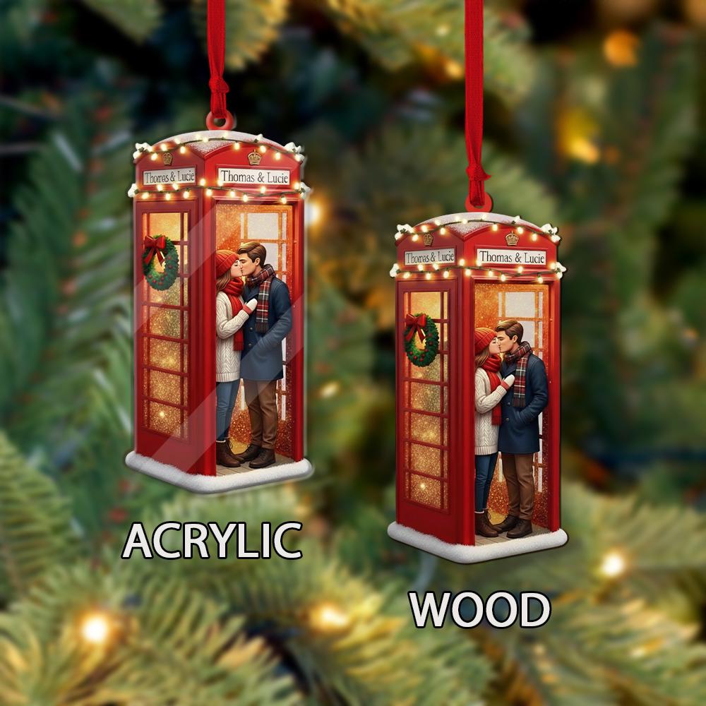 Custom Red Phone Booth Ornament – Personalized Christmas Decoration with Couple Name and Holiday Lights