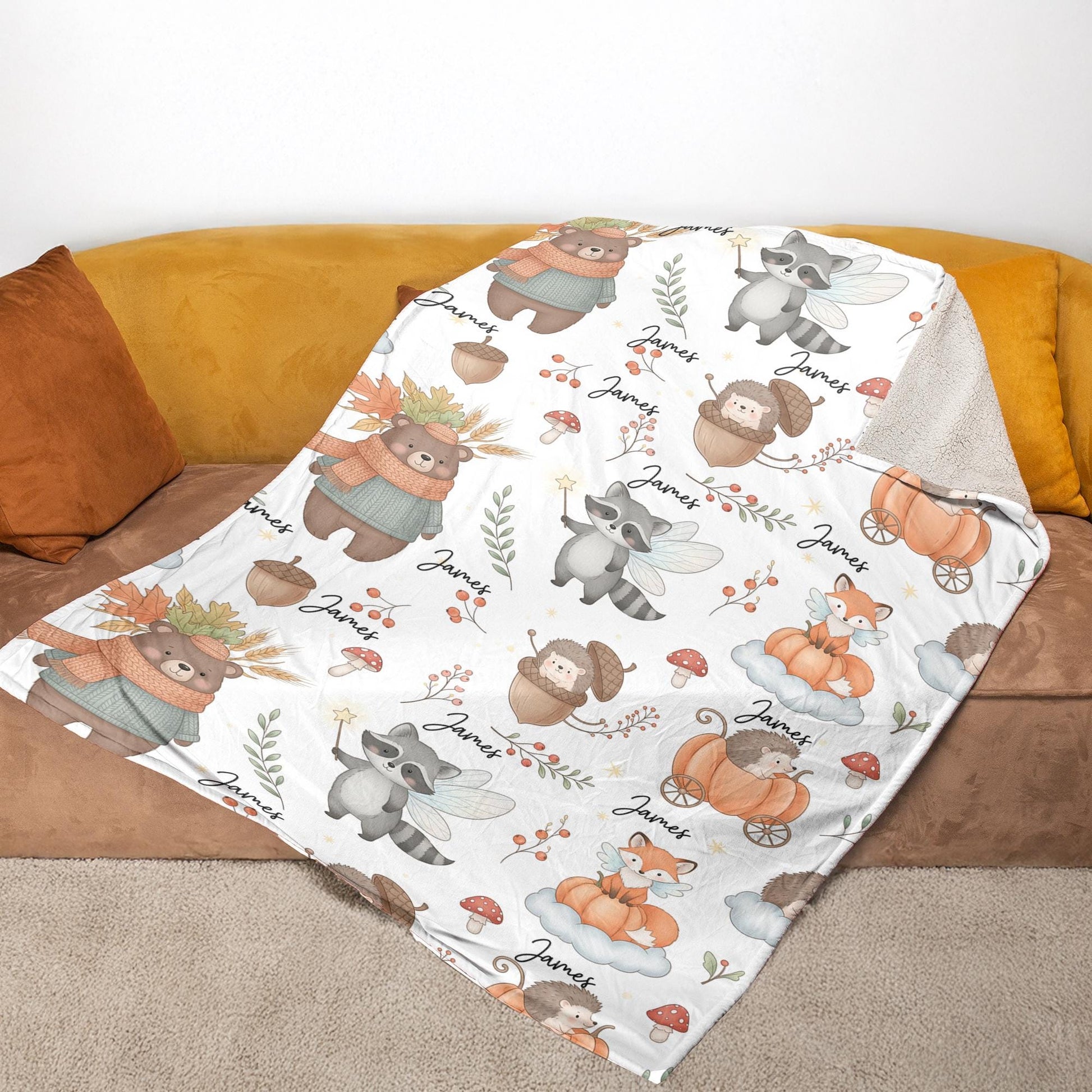 Personalized Woodland Animal Fleece Blanket: Autumn Forest Throw
