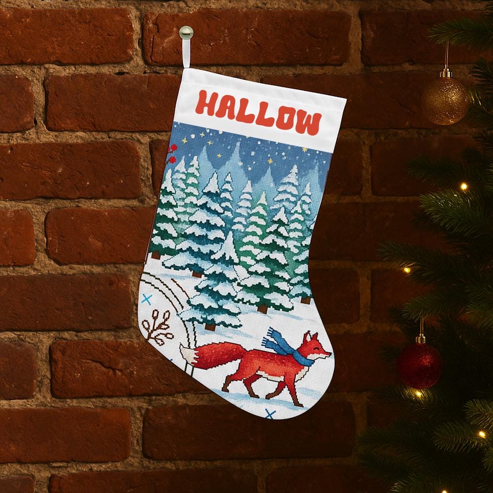 Custom Christmas Stocking with Fox and Winter Forest Scene – Personalized Holiday Fireplace Decoration