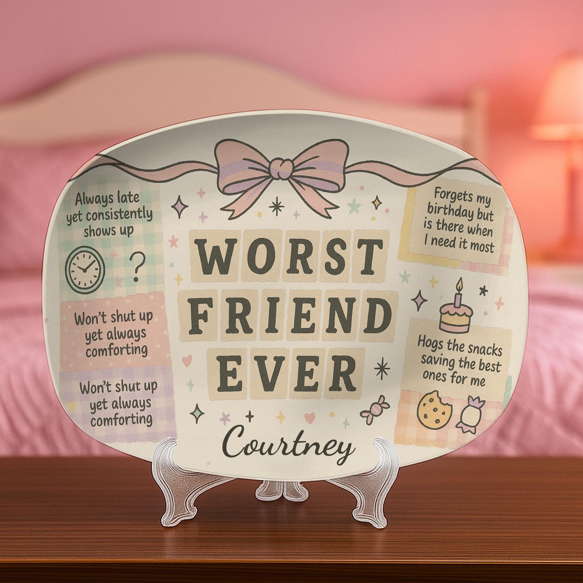 Oval Ceramic Platter, Friendship Humor Design, Coquette Bow Pastel, Personalized Name, Desk Display Decor