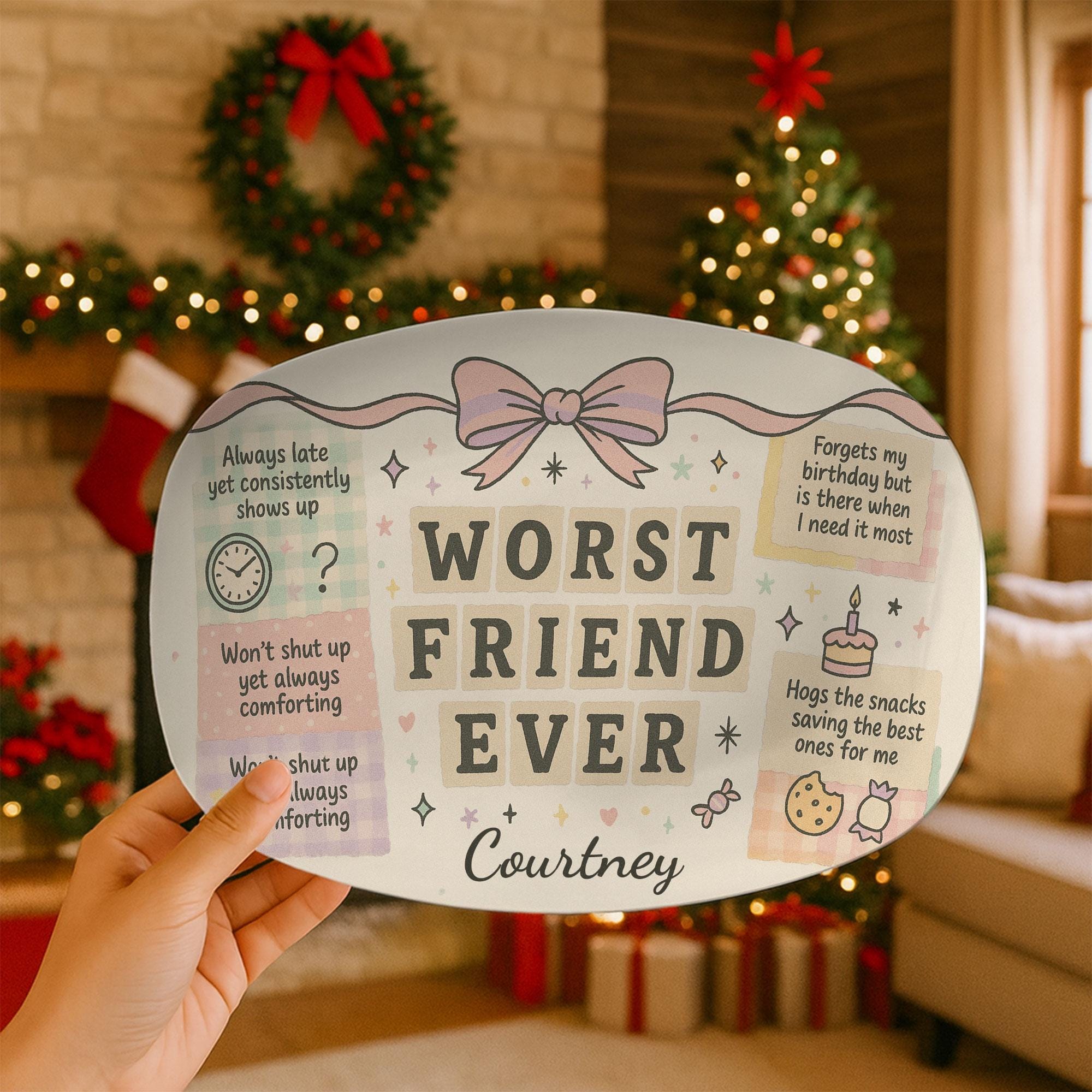 Oval Ceramic Platter, Friendship Humor Design, Coquette Bow Pastel, Personalized Name, Desk Display Decor