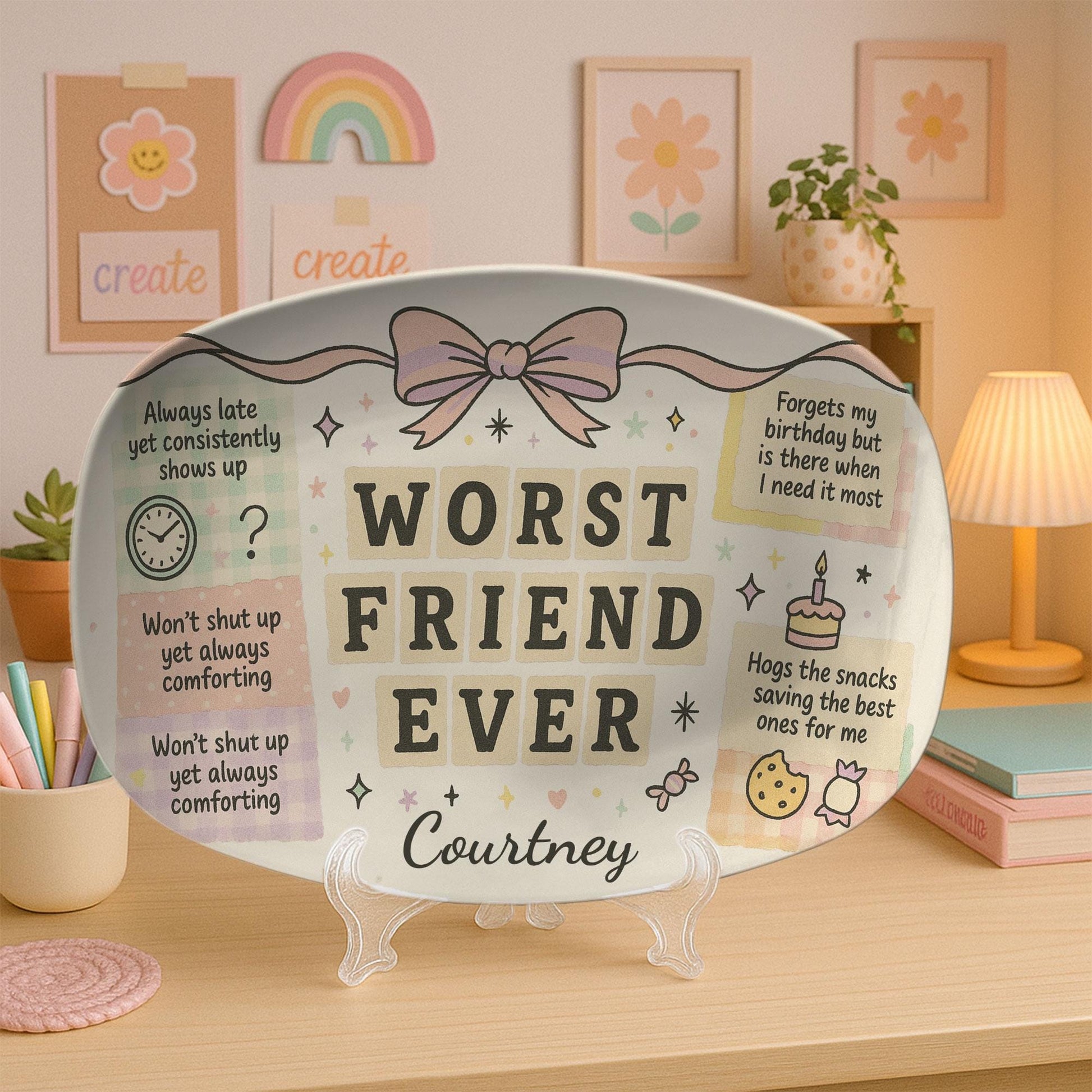 Oval Ceramic Platter, Friendship Humor Design, Coquette Bow Pastel, Personalized Name, Desk Display Decor