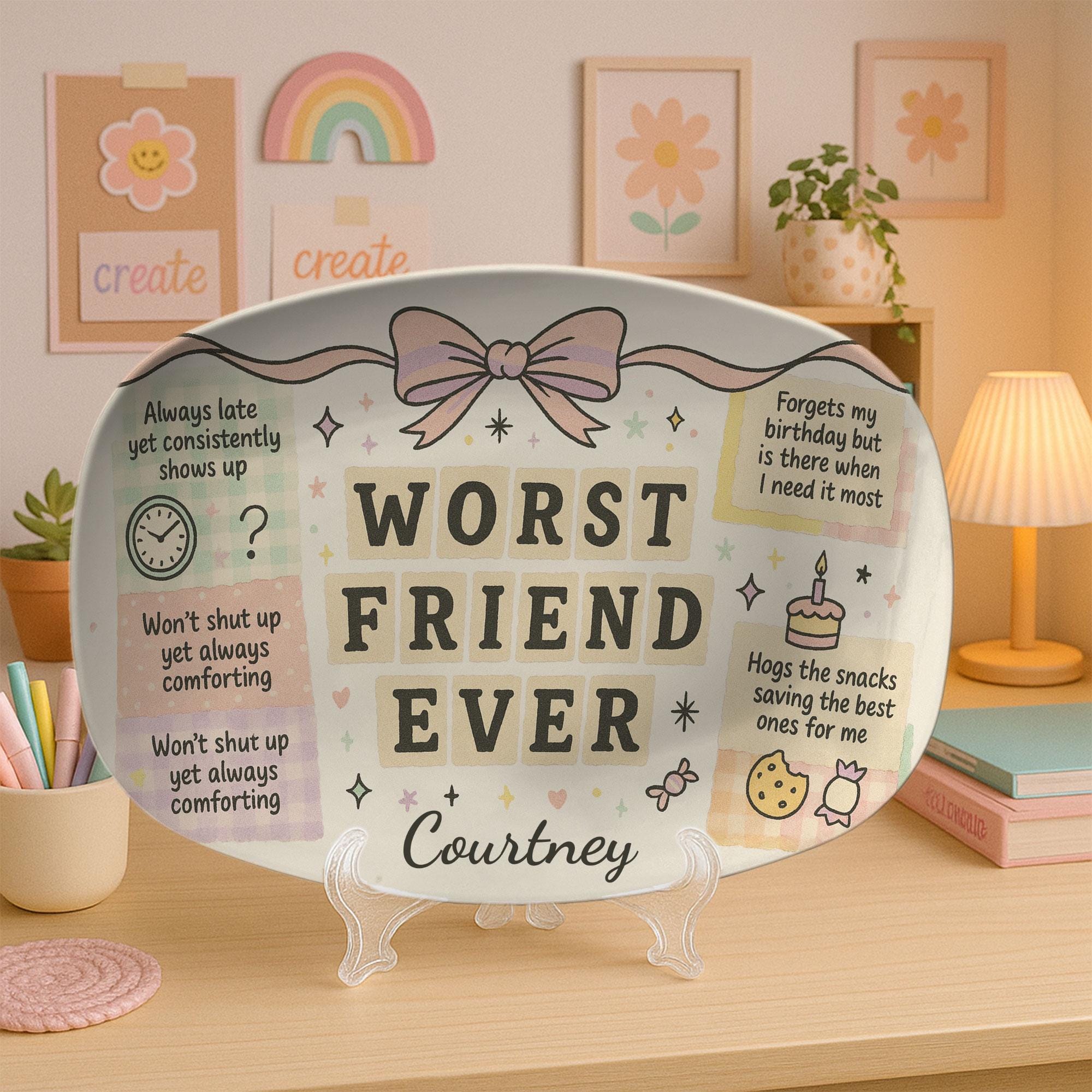 Oval Ceramic Platter, Friendship Humor Design, Coquette Bow Pastel, Personalized Name, Desk Display Decor