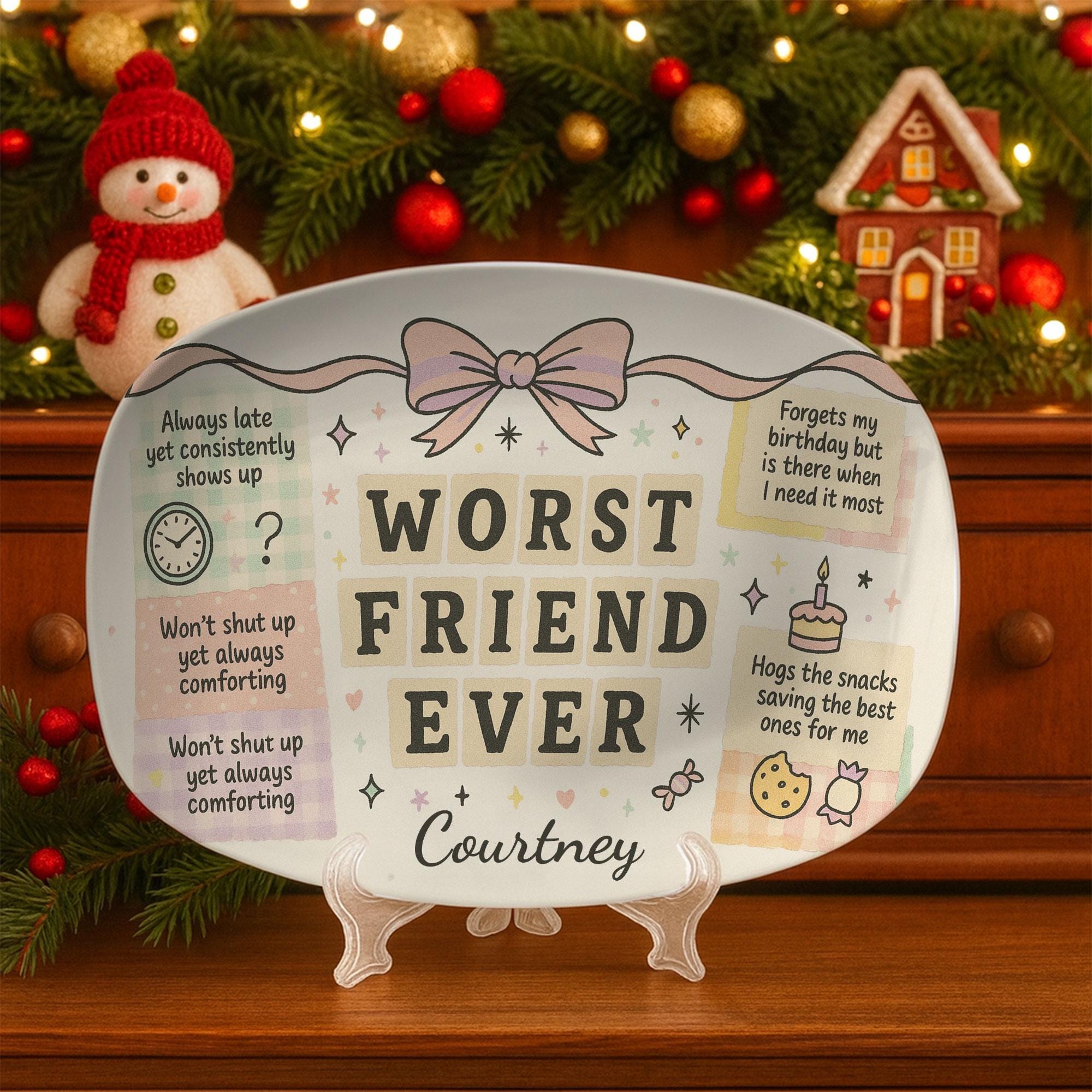 Oval Ceramic Platter, Friendship Humor Design, Coquette Bow Pastel, Personalized Name, Desk Display Decor