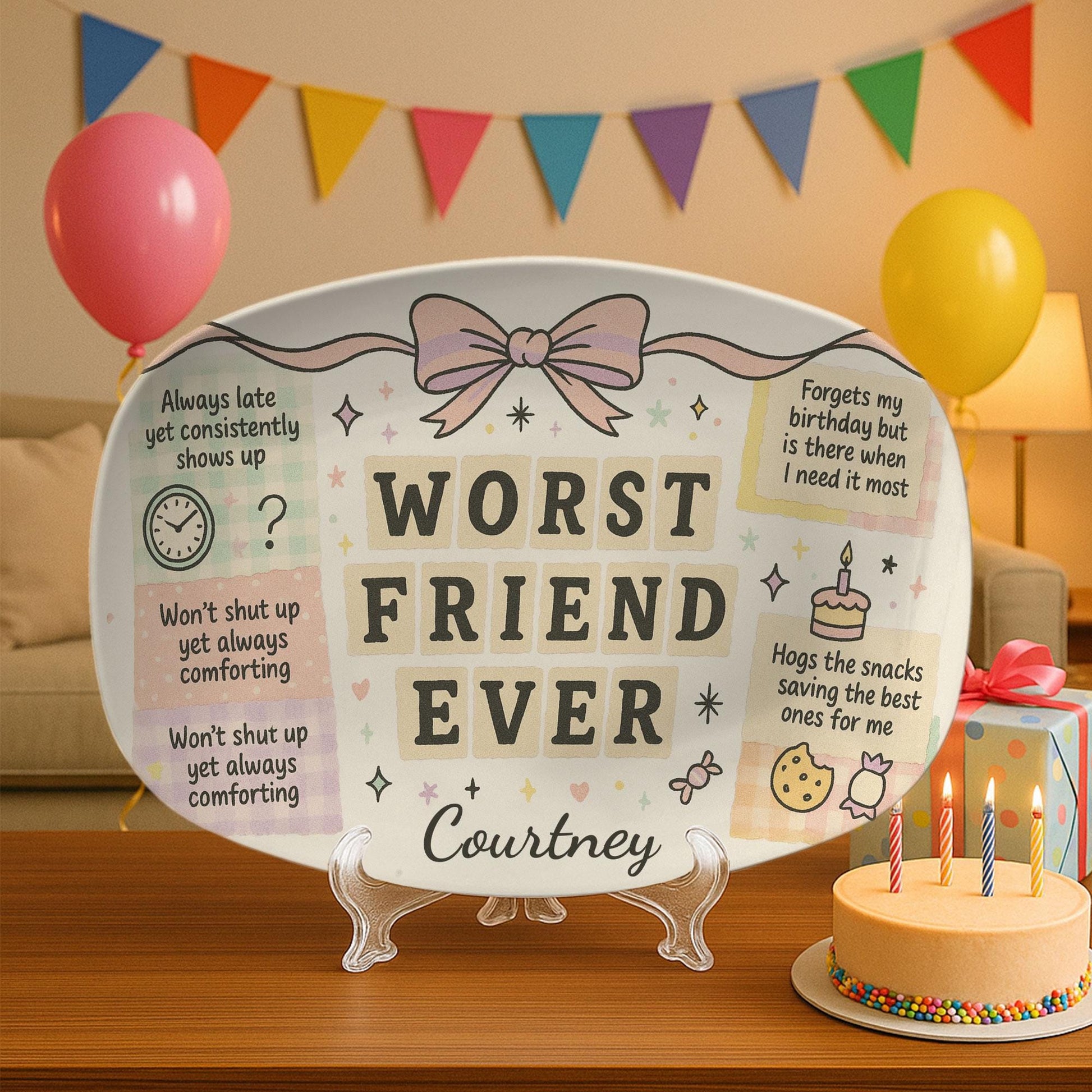 Oval Ceramic Platter, Friendship Humor Design, Coquette Bow Pastel, Personalized Name, Desk Display Decor