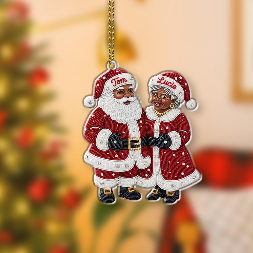 Black Santa and Mrs Claus Ornament – Custom Personalized Christmas Tree Decoration with Names