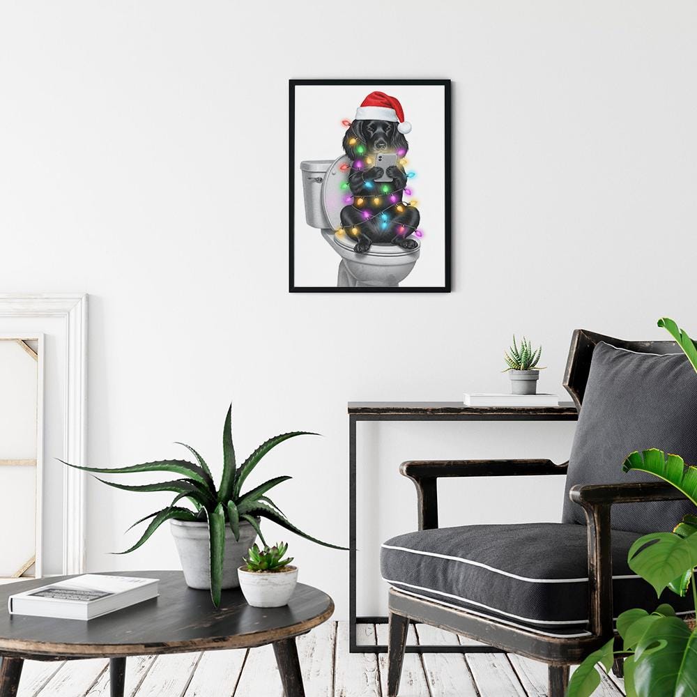 Funny Black Lab Christmas Lights Poster: Dog on Toilet Wall Art