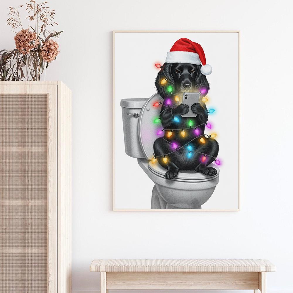 Funny Black Lab Christmas Lights Poster: Dog on Toilet Wall Art