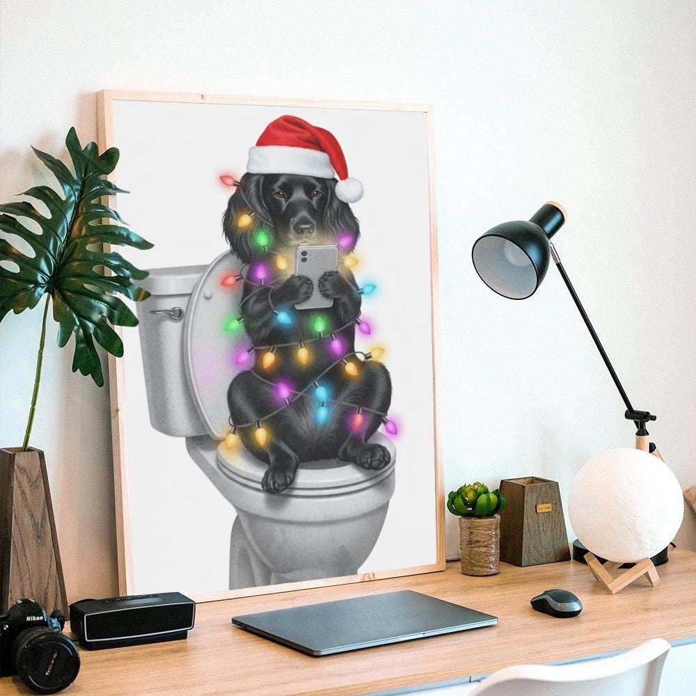 Funny Black Lab Christmas Lights Poster: Dog on Toilet Wall Art