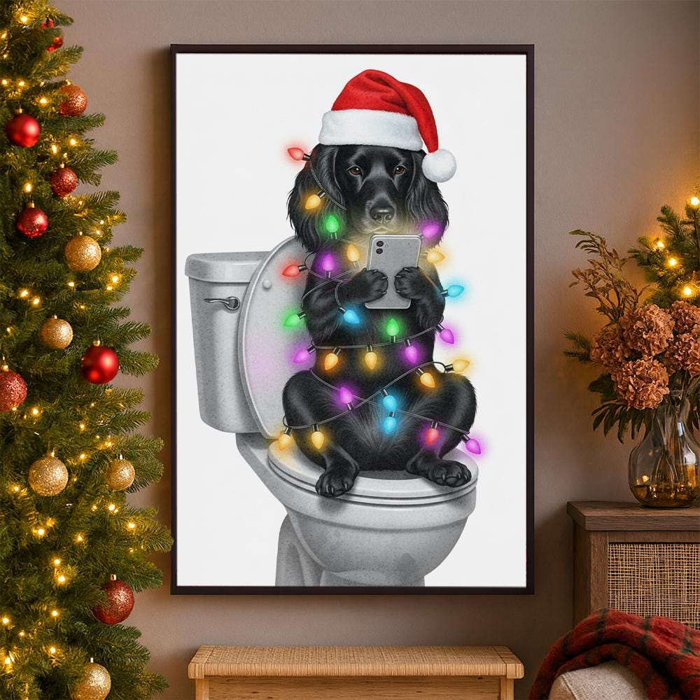 Funny Black Lab Christmas Lights Poster: Dog on Toilet Wall Art
