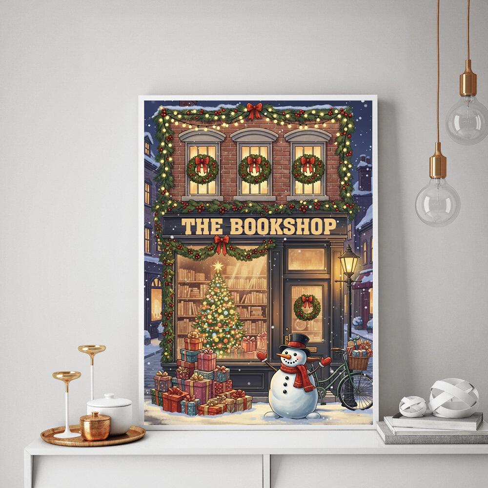 Bookshop Christmas Poster – Holiday Snowman with Tree and Gifts Wall Art