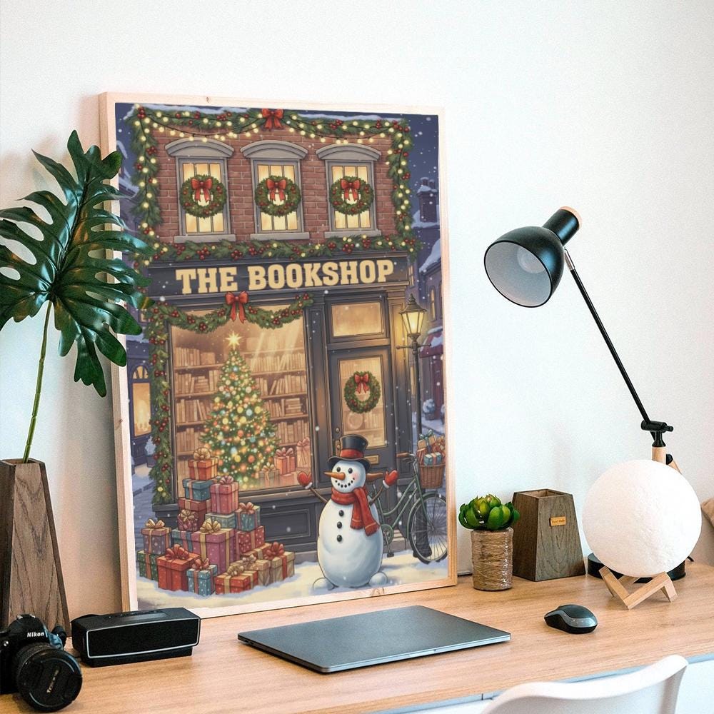 Bookshop Christmas Poster – Holiday Snowman with Tree and Gifts Wall Art