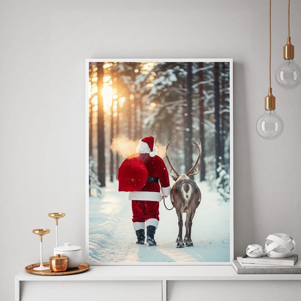 Santa and Reindeer Poster – Winter Forest Snow Scene Holiday Wall Art