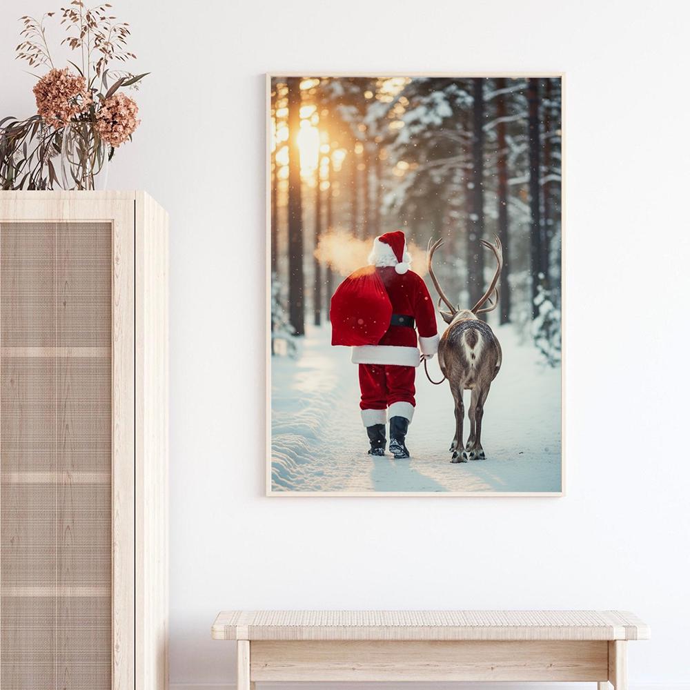 Santa and Reindeer Poster – Winter Forest Snow Scene Holiday Wall Art
