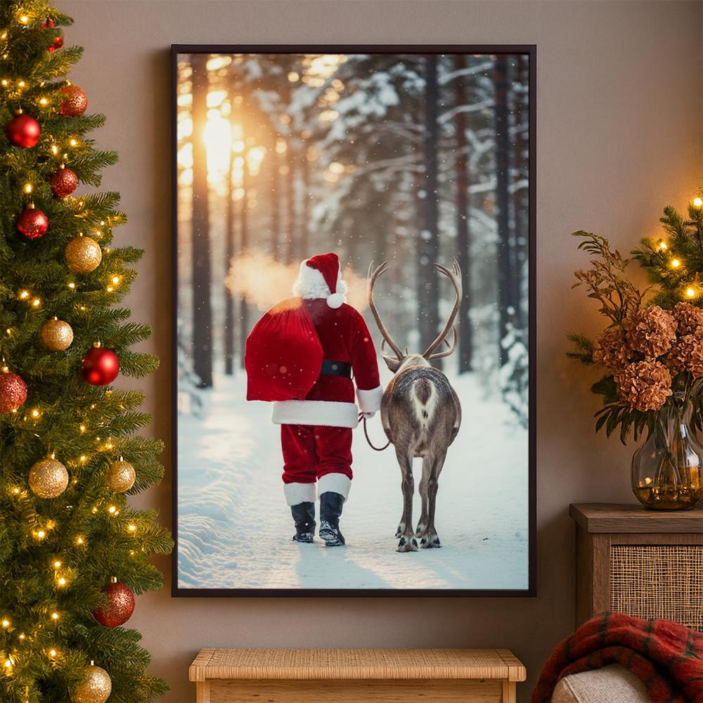 Santa and Reindeer Poster – Winter Forest Snow Scene Holiday Wall Art