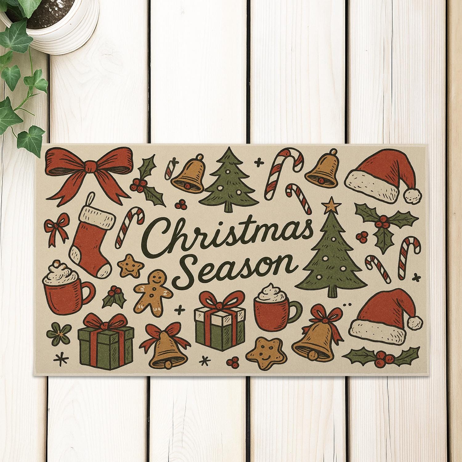 Christmas Doormat – Holiday Entry Rug with Trees Stockings and Gifts