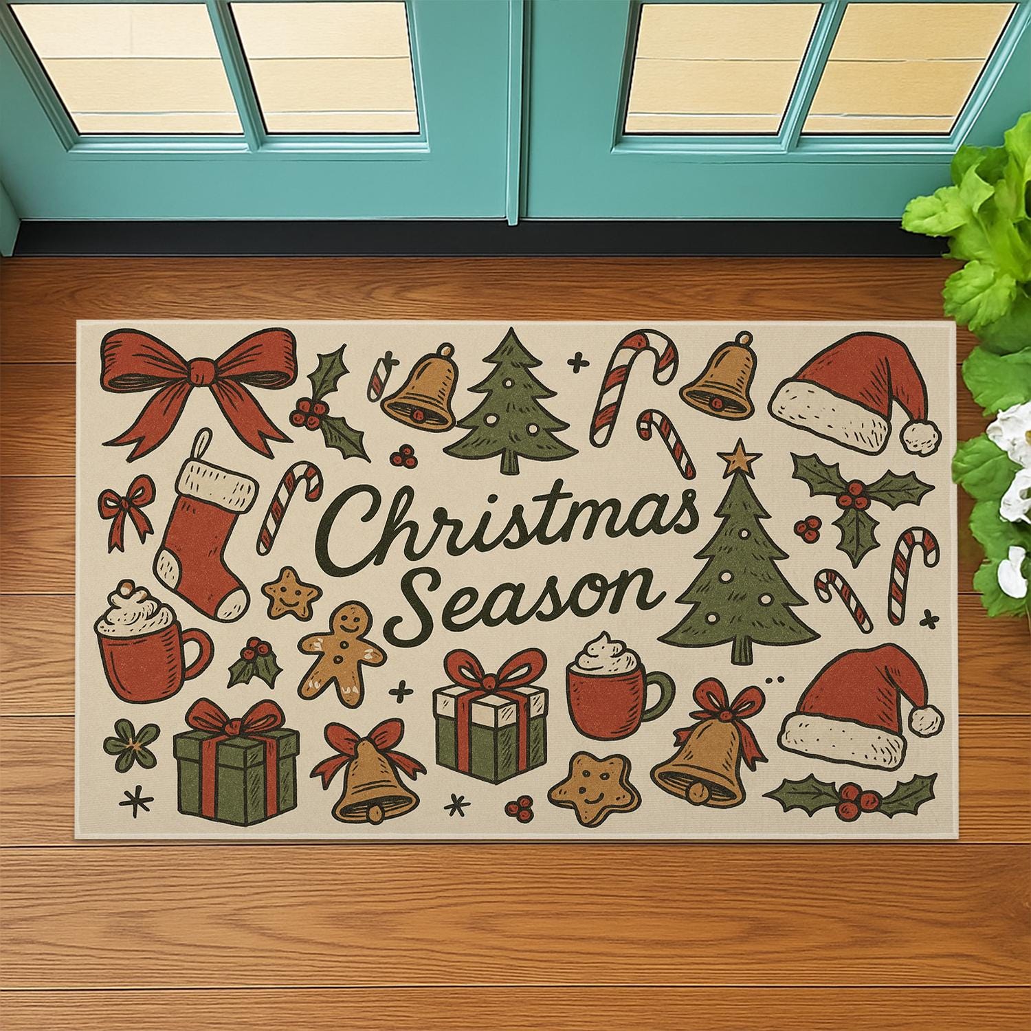 Christmas Doormat – Holiday Entry Rug with Trees Stockings and Gifts