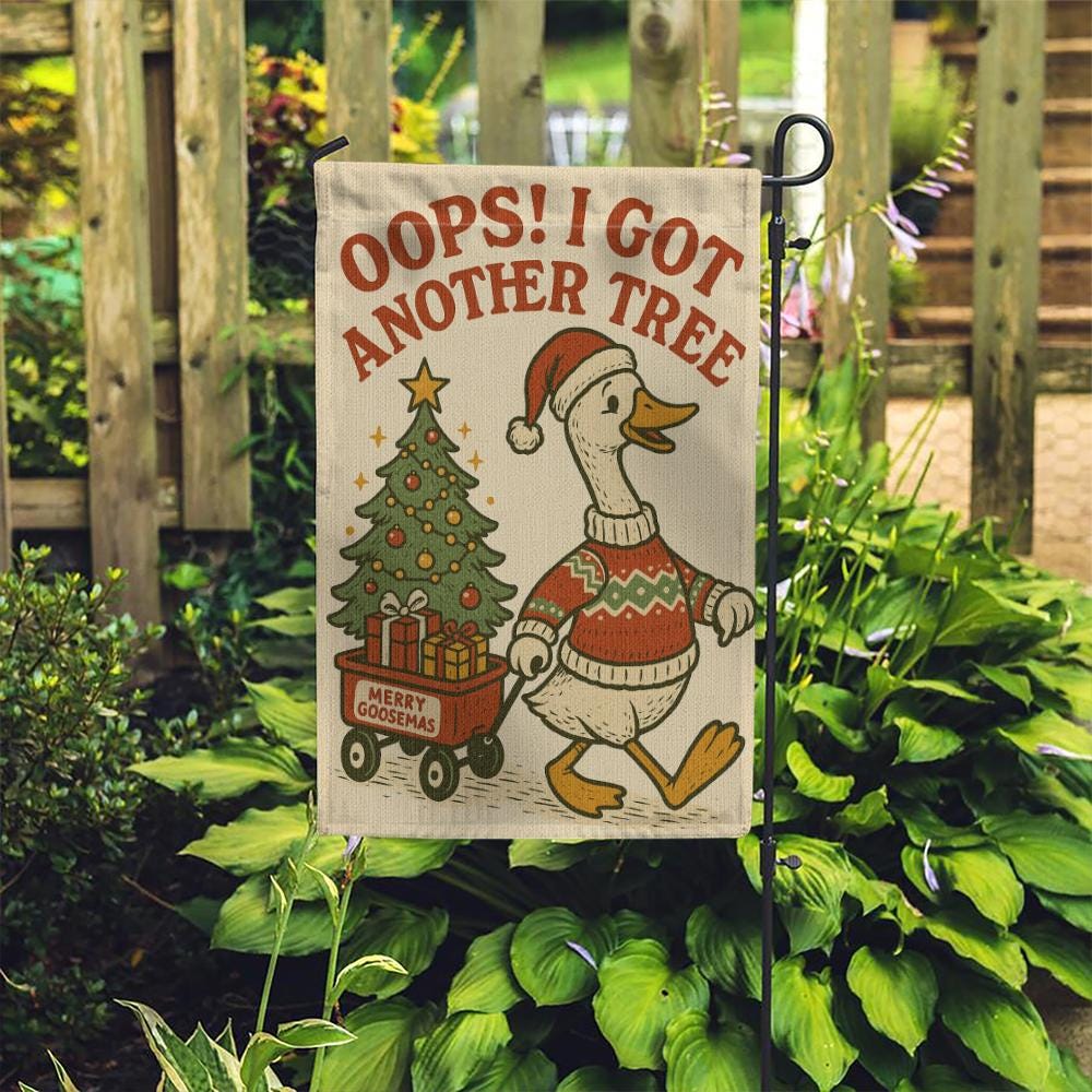 Christmas Garden Flag – Goose with Tree and Gifts Holiday Outdoor Decor