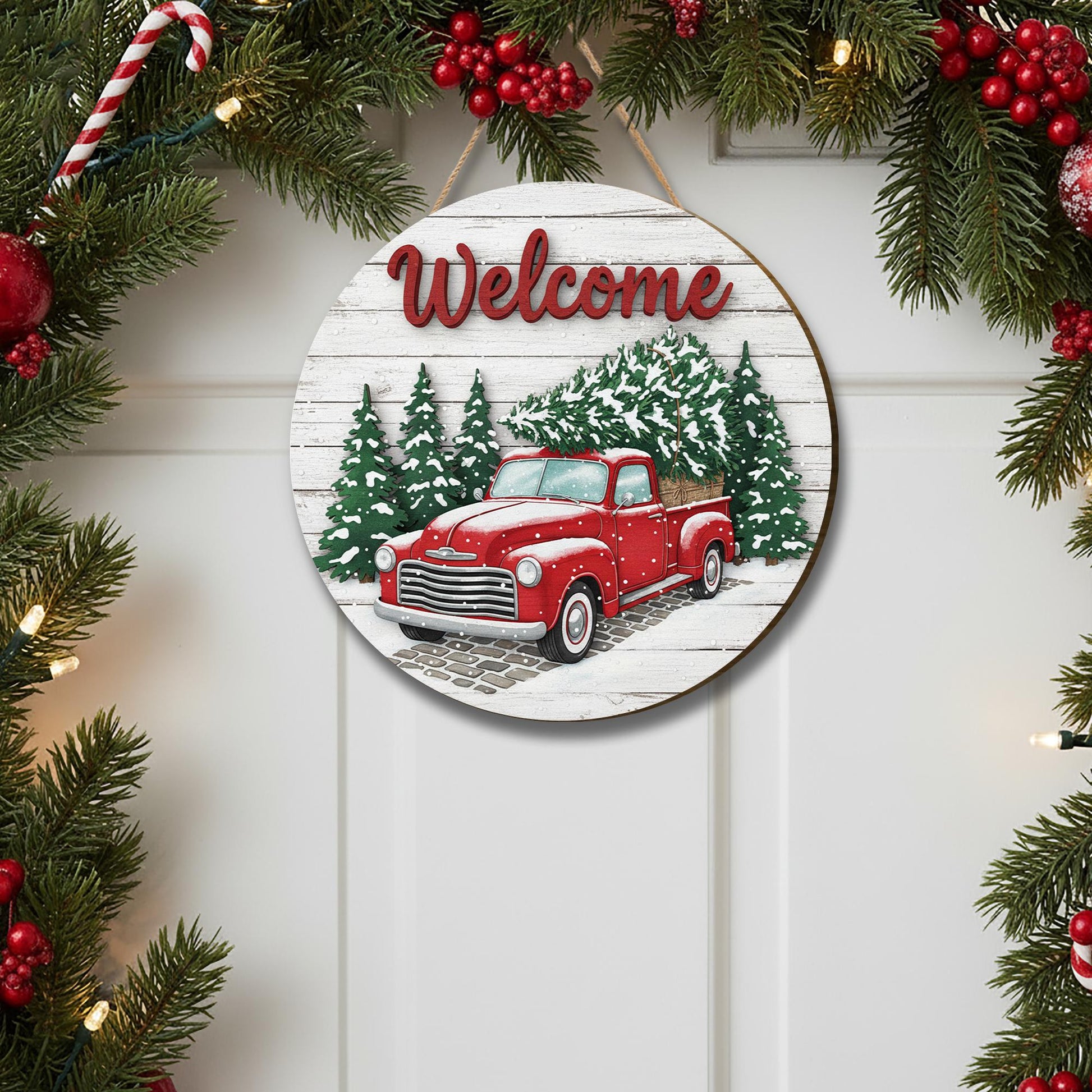 Rustic Christmas Welcome Sign – Red Truck Farmhouse Door Hanger for Holiday Porch Décor