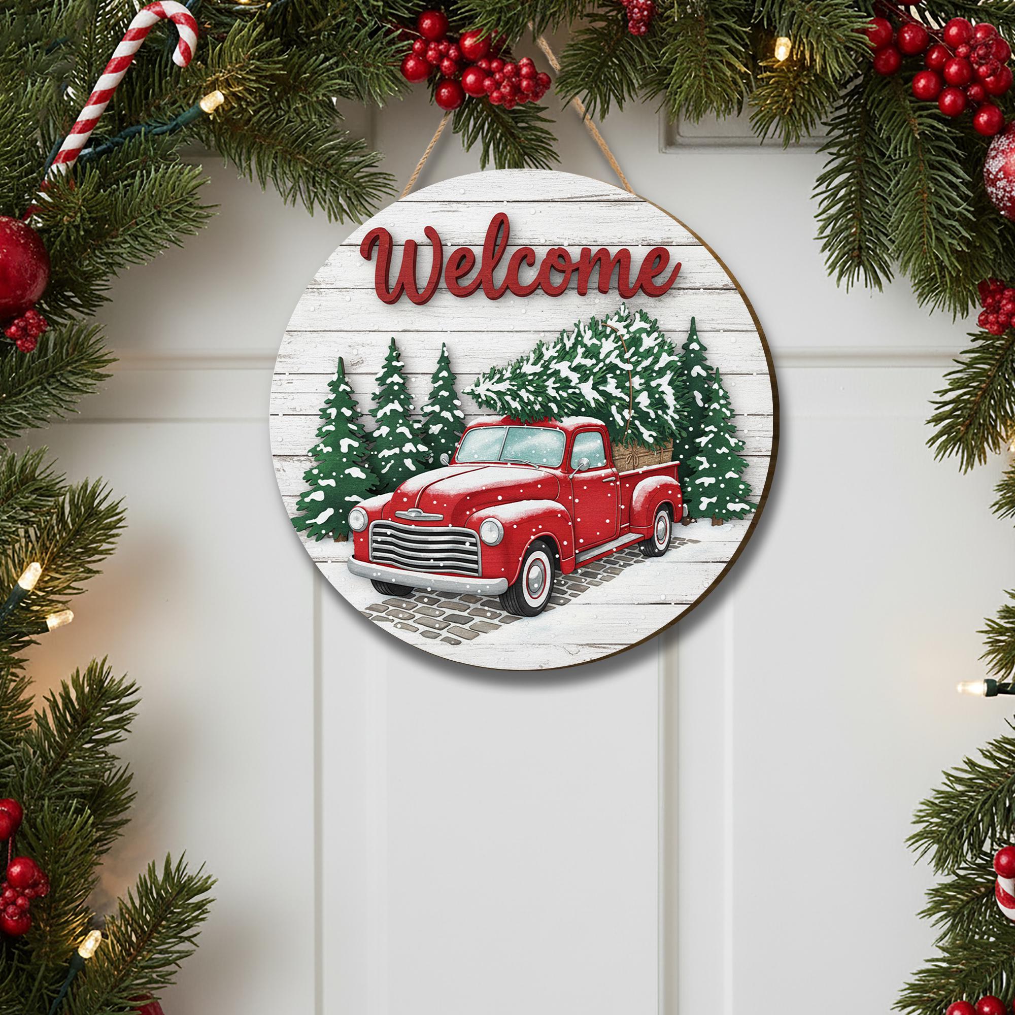 Rustic Christmas Welcome Sign – Red Truck Farmhouse Door Hanger for Holiday Porch Décor