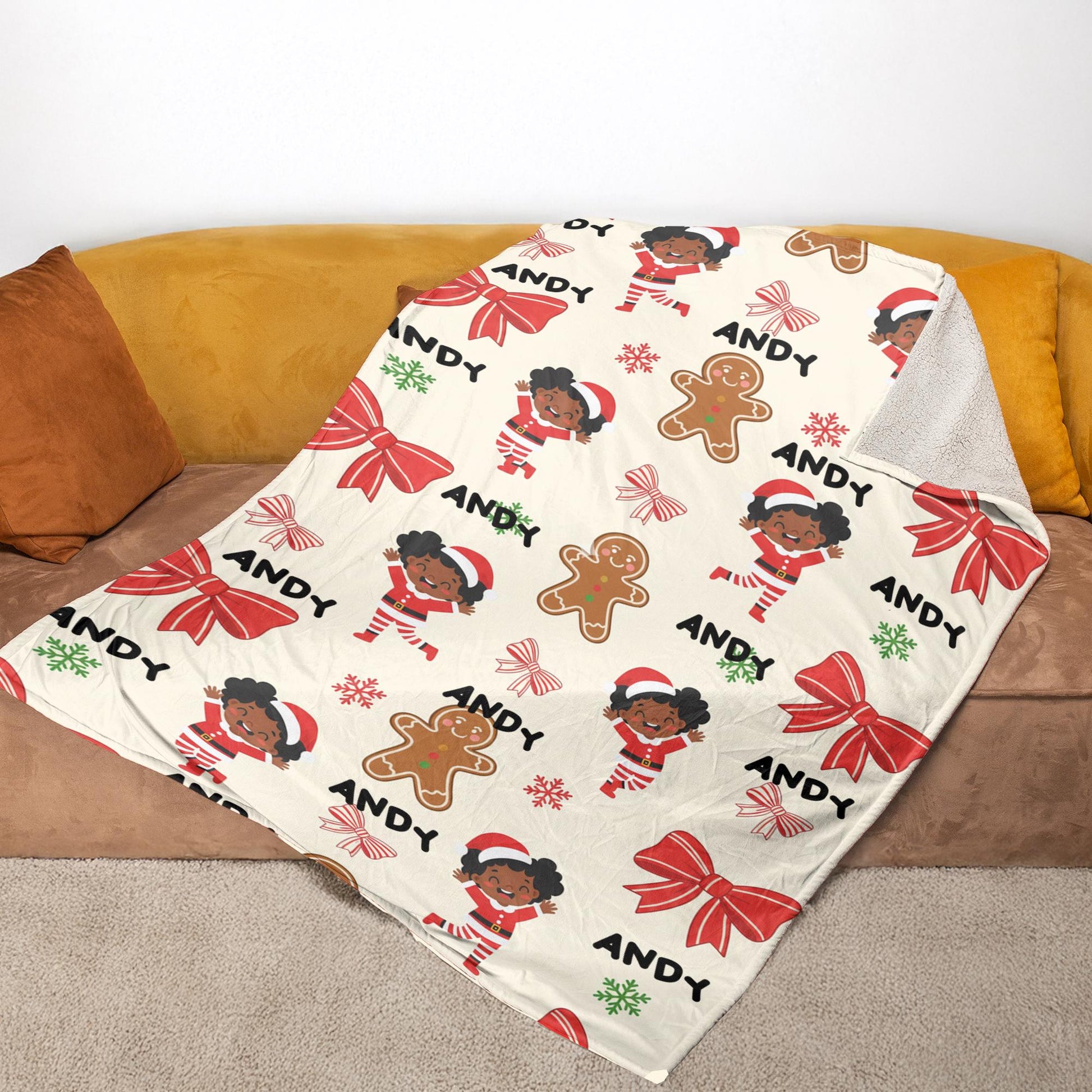 Personalized Christmas Fleece Blanket: Black Santa Kid, Gingerbread & Bow Design