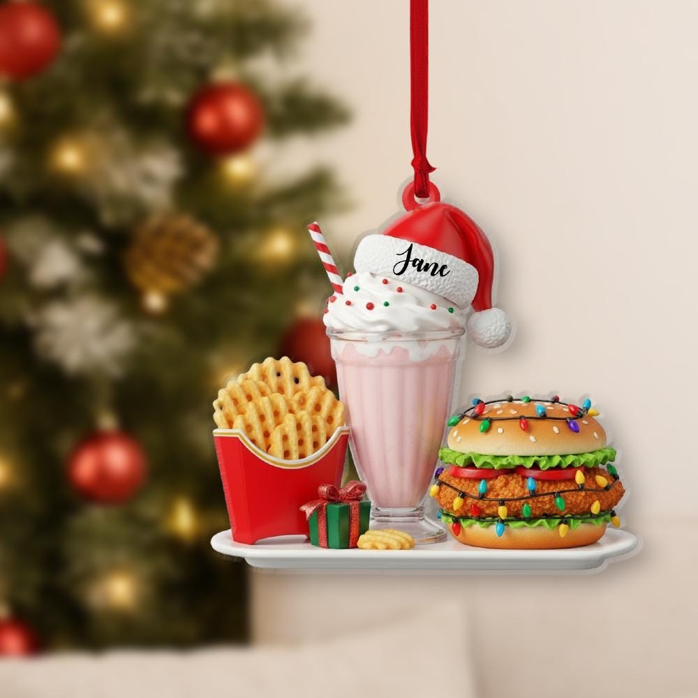 Personalized Fast Food Ornament – Custom Name Burger Fries Milkshake Christmas Tree Decoration