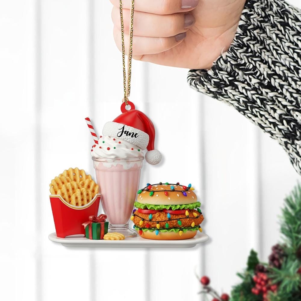 Personalized Fast Food Ornament – Custom Name Burger Fries Milkshake Christmas Tree Decoration