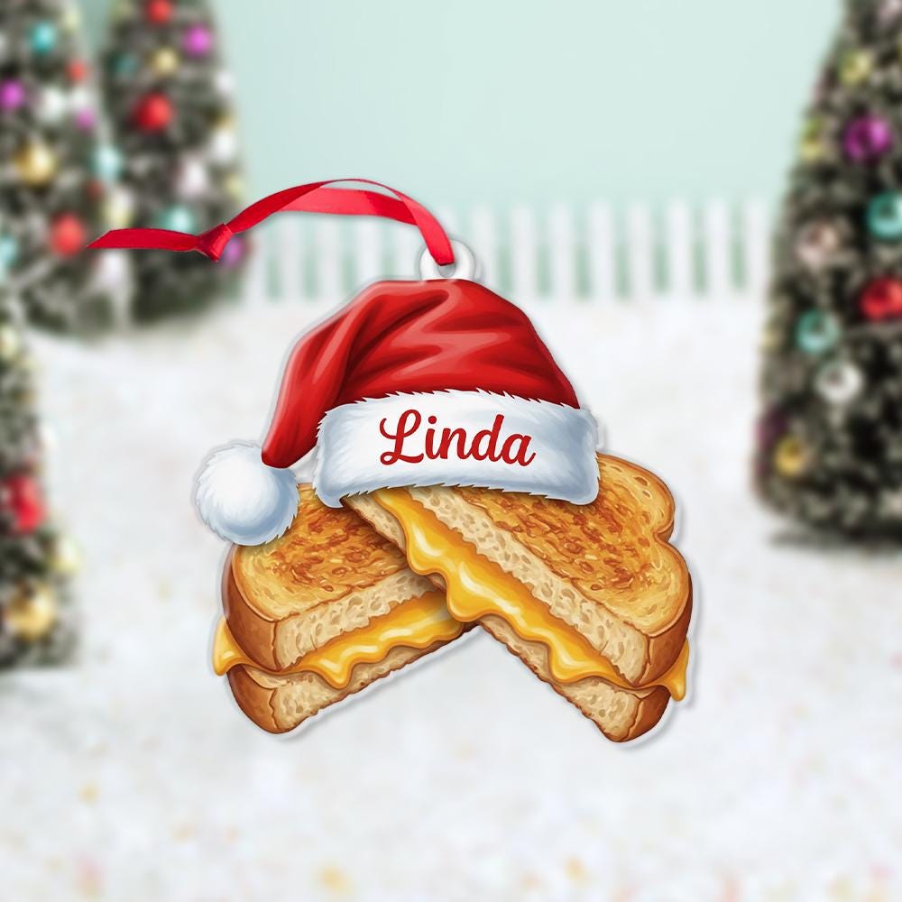 Personalized Grilled Cheese Ornament – Custom Name Santa Hat Food Christmas Tree Decoration