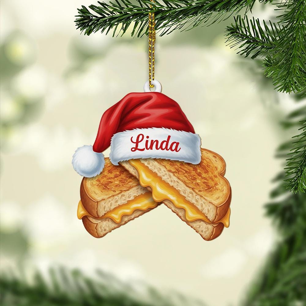 Personalized Grilled Cheese Ornament – Custom Name Santa Hat Food Christmas Tree Decoration
