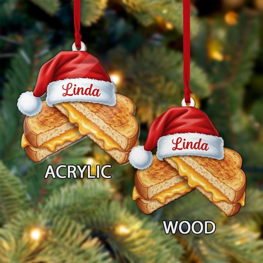 Personalized Grilled Cheese Ornament – Custom Name Santa Hat Food Christmas Tree Decoration