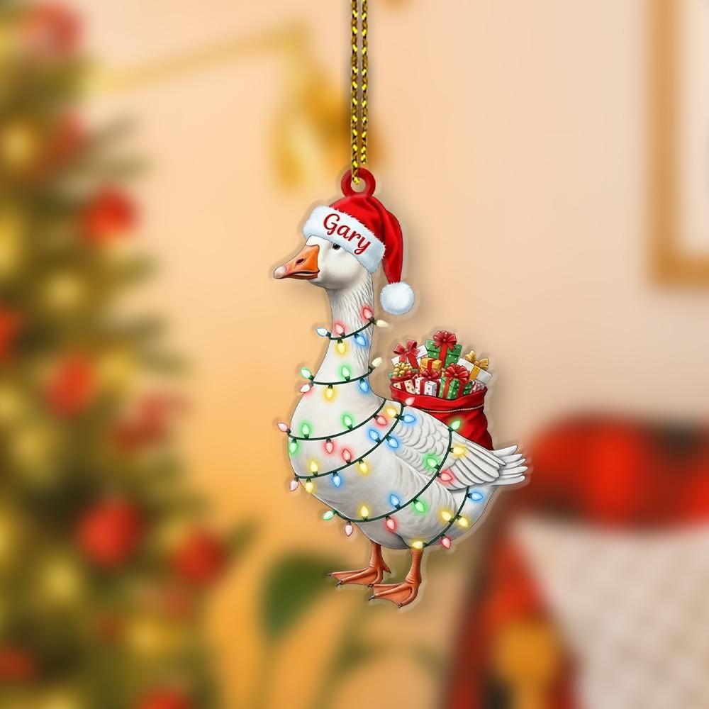 Personalized Goose Ornament – Custom Name Santa Hat Farm Animal Christmas Tree Decoration