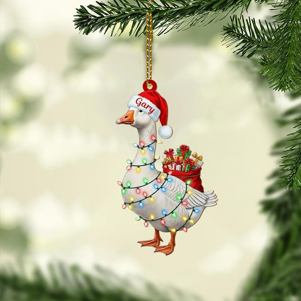 Personalized Goose Ornament – Custom Name Santa Hat Farm Animal Christmas Tree Decoration