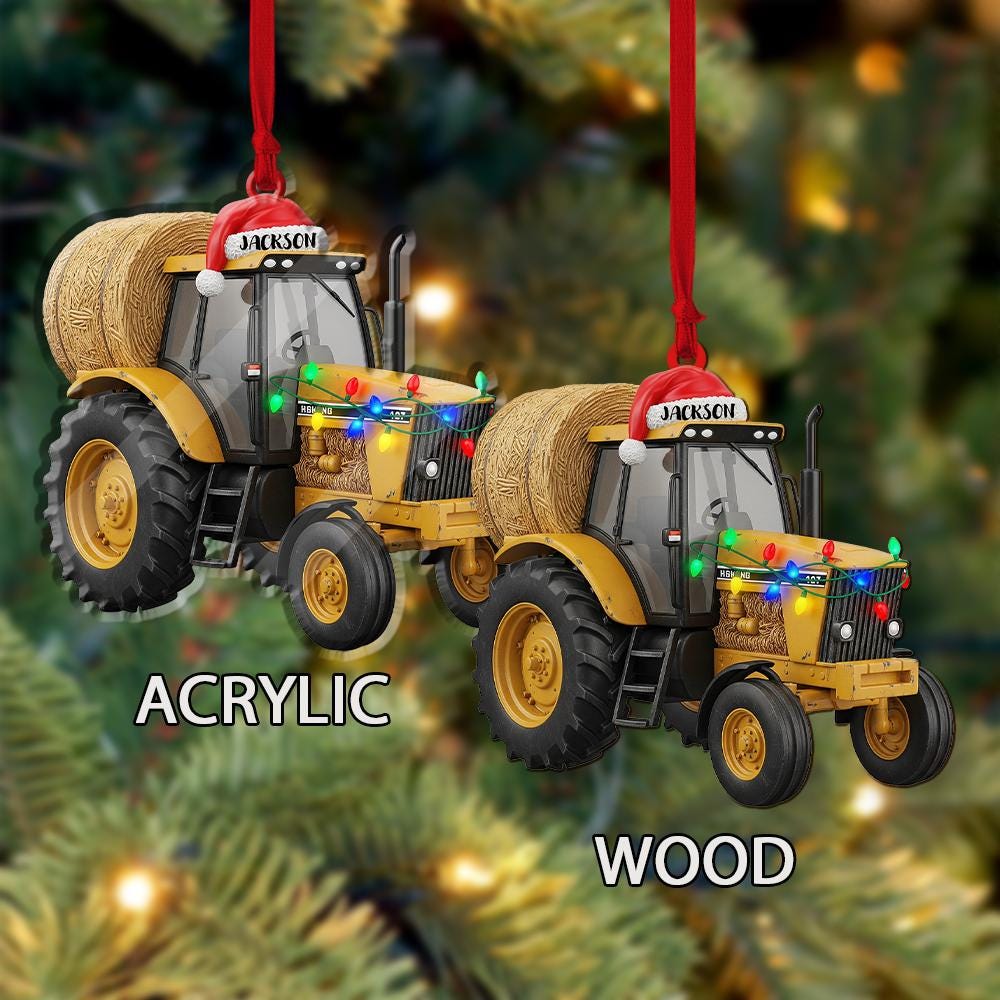 Personalized Tractor Ornament – Farm Christmas Decoration with Lights and Hay Bale